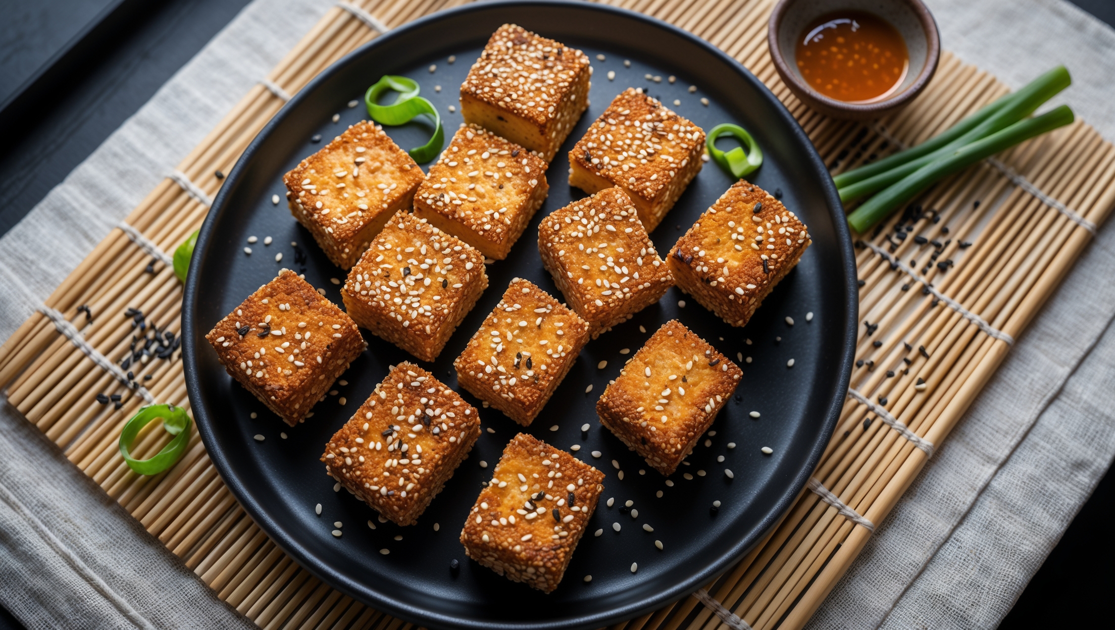 An overhead shot of golden-brown tofu cubes arranged on a sleek black ceramic plate, their sesame-studded exteriors glistening under soft natural light. A cross-section reveals the perfect contrast between the crispy, textured coating and the soft, tender interior. Scattered black and white sesame seeds surround the tofu pieces alongside delicate sprigs of green onion for color contrast. A small ceramic bowl of dipping sauce sits nearby, its rich amber color complementing the tofu's golden tones. The arrangement sits atop a textured bamboo mat, enhancing the Asian-inspired aesthetic of this baked plant-based protein dish.