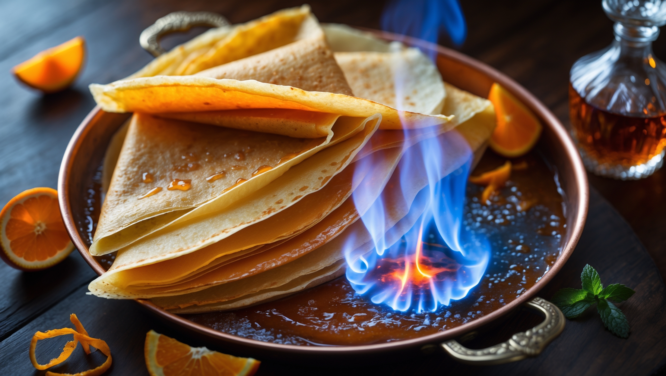 An overhead shot captures a stack of paper-thin golden crepes folded into triangular quarters, glistening with vibrant orange-hued sauce. A dramatic close-up reveals blue flames dancing across the surface as the Grand Marnier ignites, photographed in warm, low lighting that highlights the caramelization of the sauce. The crepes are arranged on a vintage copper serving pan beside fresh orange segments and zest, with a crystal decanter of liqueur visible in the soft-focus background. A sprig of mint adds a pop of contrasting color against the amber tones of the dessert, all presented on a dark wooden surface that reflects the warm glow of the flames.
