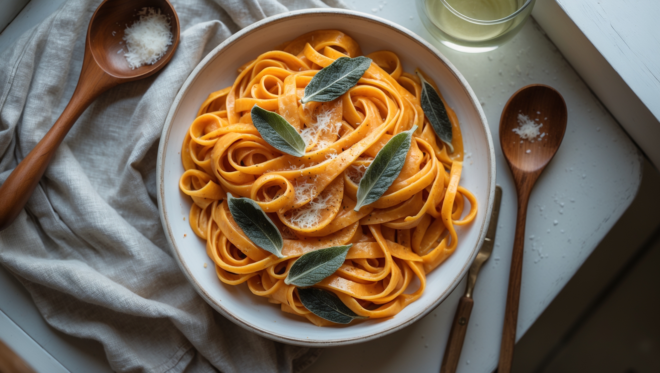 Overhead shot of twirled fettuccine coated in a vibrant orange-hued pumpkin sauce, served in a shallow white ceramic bowl. A light dusting of grated Parmesan and freshly cracked black pepper creates contrast against the creamy sauce. Scattered sage leaves fried to crispy perfection add textural interest and deep green accents. The pasta's glossy finish catches the soft, diffused natural light streaming through a nearby window. A wooden serving spoon rests beside the bowl on a rustic linen napkin, with a small bowl of extra Parmesan and a glass of white wine visible in the background, suggesting a cozy autumn meal.