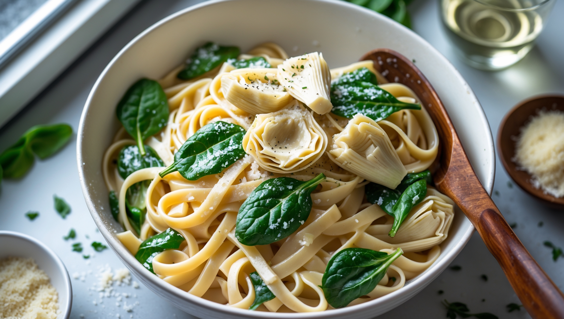 An overhead shot of a white ceramic bowl filled with creamy fettuccine, where vibrant green spinach leaves and pale artichoke hearts create beautiful contrast against the ivory sauce. Natural light streams in from a nearby window, highlighting the glossy coating on each pasta strand. A wooden serving spoon rests alongside, and a light dusting of freshly cracked black pepper and grated Parmesan creates a delicate snowfall effect on top. In the background, a small bowl of additional Parmesan, a glass of white wine, and scattered fresh herbs enhance the composition, suggesting an elegant yet comforting meal experience.