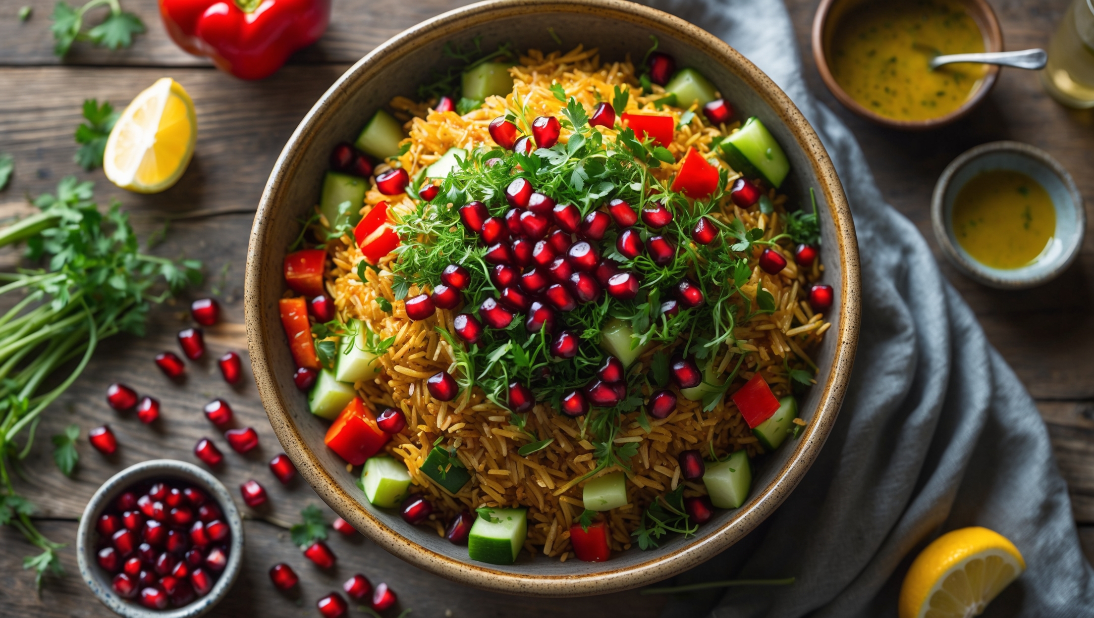 An overhead shot of a generously filled ceramic bowl showcasing the Crispy Rice Salad, with golden-brown crispy rice contrasting beautifully against vibrant green herbs, red bell peppers, and cucumber chunks. Soft natural light streams in from the side, highlighting the glossy sheen of the spicy tahini dressing drizzled on top. Scattered pomegranate seeds create ruby-like pops of color against the textural landscape. The bowl sits on a rustic wooden table with small dishes of extra tahini dressing, lemon wedges, and fresh herbs positioned artfully around it, suggesting an inviting, casual dining experience with Middle Eastern influences.
