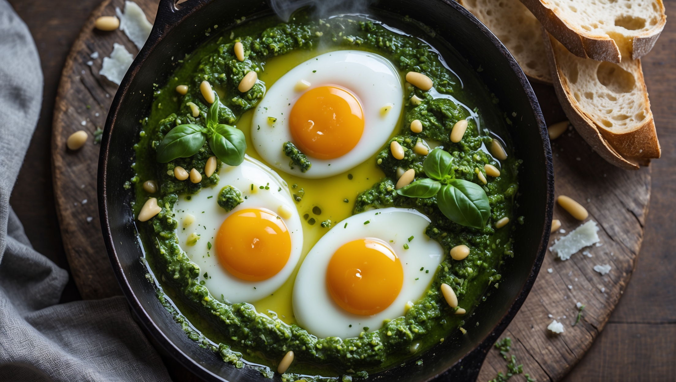 An overhead shot of two perfectly cooked eggs with bright yellow yolks nestled in a vivid green pesto sauce, served in a rustic cast-iron skillet. Soft natural morning light highlights the contrast between the creamy white eggs and the herb-flecked sauce. Small droplets of olive oil glisten on the surface, while scattered pine nuts and tiny shards of Parmesan add texture. Fresh basil leaves garnish the edges of the skillet, which sits on a weathered wooden board alongside slices of crusty artisan bread for dipping. Steam rises gently from the hot dish, suggesting it's fresh from the oven.
