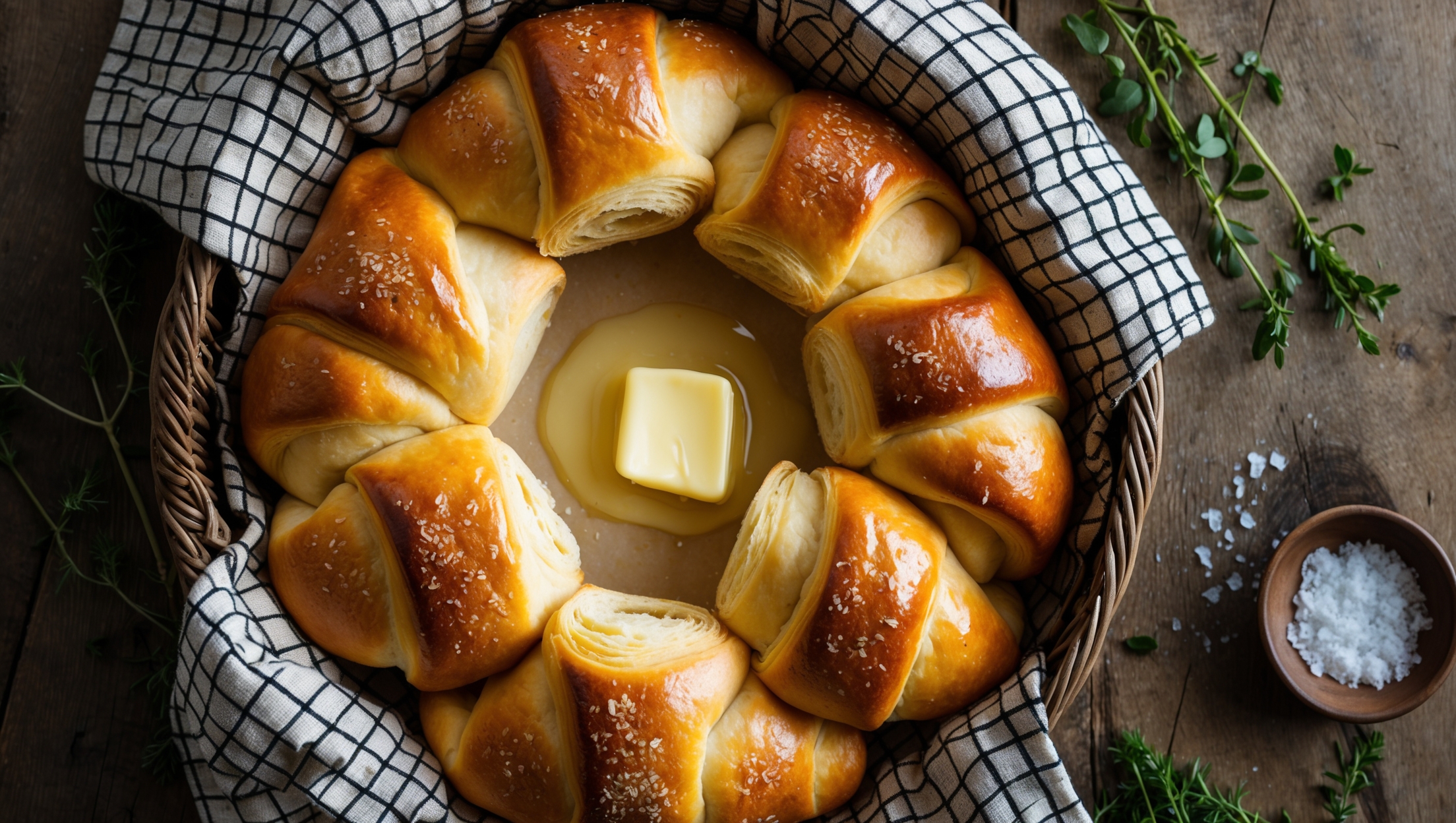 Overhead shot of freshly baked crescent rolls arranged in a rustic bread basket lined with a checkered cloth, their golden-brown exteriors glistening under soft natural light. A cross-section view reveals the delicate, airy layers inside, while melting butter slowly drips over the flaky surface. Scattered around are sprigs of fresh herbs and a small dish of flaky sea salt, all presented on a weathered wooden table that enhances the homemade warmth of these classic dinner rolls.