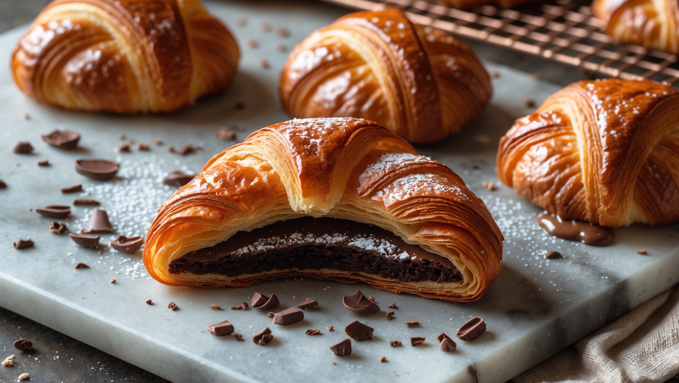 An overhead shot captures a batch of freshly-baked crookies on a marble pastry board, their golden-brown flaky layers glistening under soft natural light. A dramatic cross-section reveals the striking contrast between the caramelized croissant exterior and molten chocolate cookie center. Scattered cocoa nibs and a light dusting of powdered sugar add visual texture, while a vintage copper cooling rack in the background holds more perfectly imperfect crookies. The slightly irregular shapes showcase their handmade quality, with some chocolate visibly oozing from the edges onto the rustic linen napkin beneath.