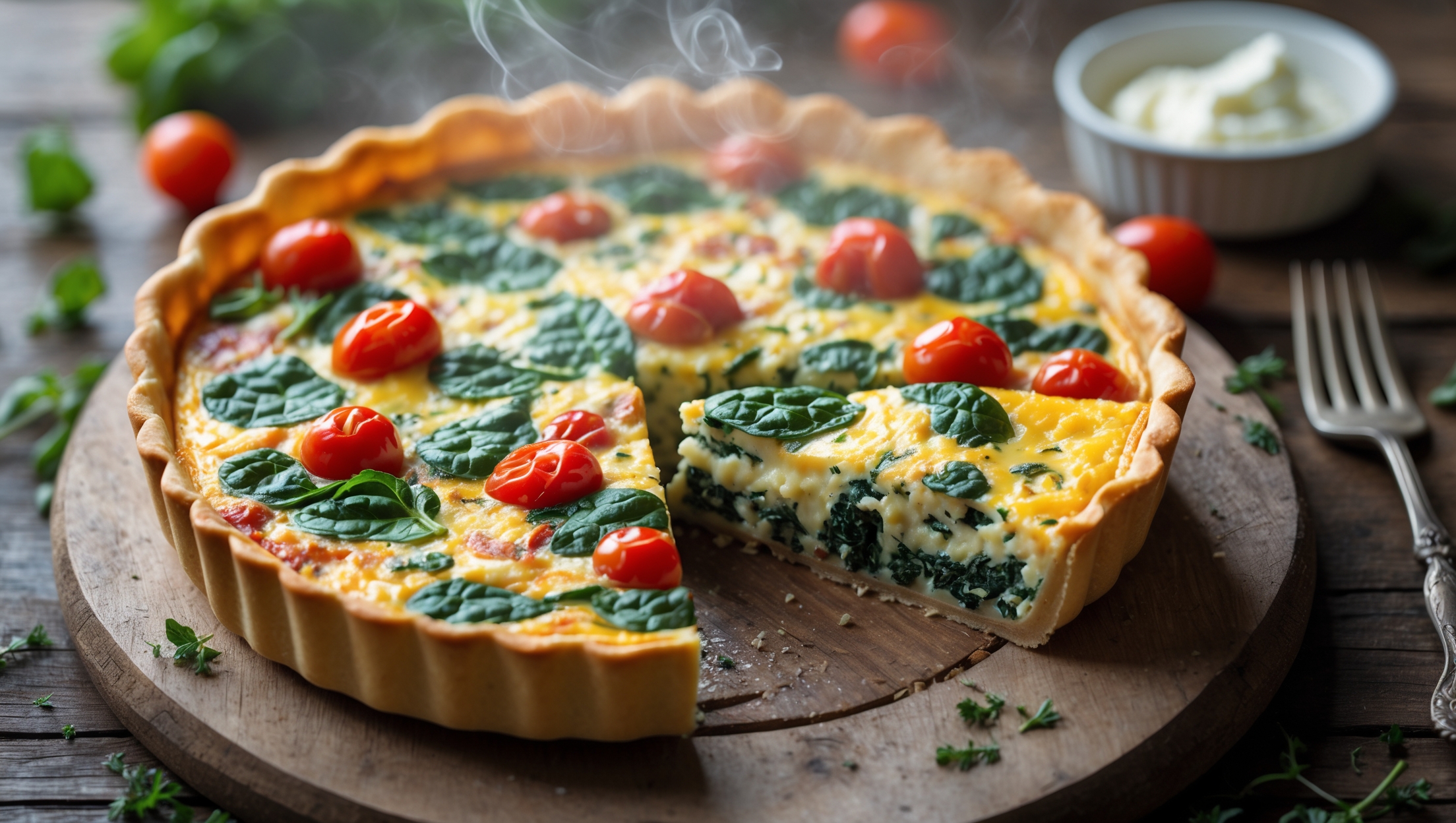 An overhead shot of a golden-brown crustless quiche, its surface lightly puffed and speckled with vibrant red cherry tomatoes, green spinach flecks, and melted cheese. A single slice has been removed, revealing a moist, tender interior with pockets of colorful vegetables and melted cheese strands stretching as it's lifted. Captured in soft natural light on a rustic wooden board with fresh herbs scattered alongside, a small ramekin of crème fraîche, and vintage fork resting nearby. Steam rises gently from the warm quiche, highlighting its just-baked freshness and aromatic appeal.
