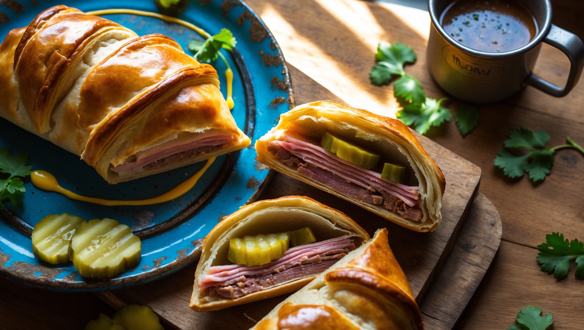 An overhead shot of golden-brown Cuban Sandwich Hand Pies arranged on a distressed blue ceramic platter, with one pie broken open revealing the succulent layers of roast pork, ham, and melted Swiss cheese studded with pickle pieces. The cross-section displays a perfect balance of filling to pastry, with steam gently rising from the fresh-from-the-oven pies. Shot in warm natural light streaming through a kitchen window, the scene includes scattered pickle slices, mustard drizzles, and fresh cilantro sprigs for color contrast. A rustic wooden board beneath adds warmth, while a vintage enamel mug of mojo sauce sits alongside for dipping.