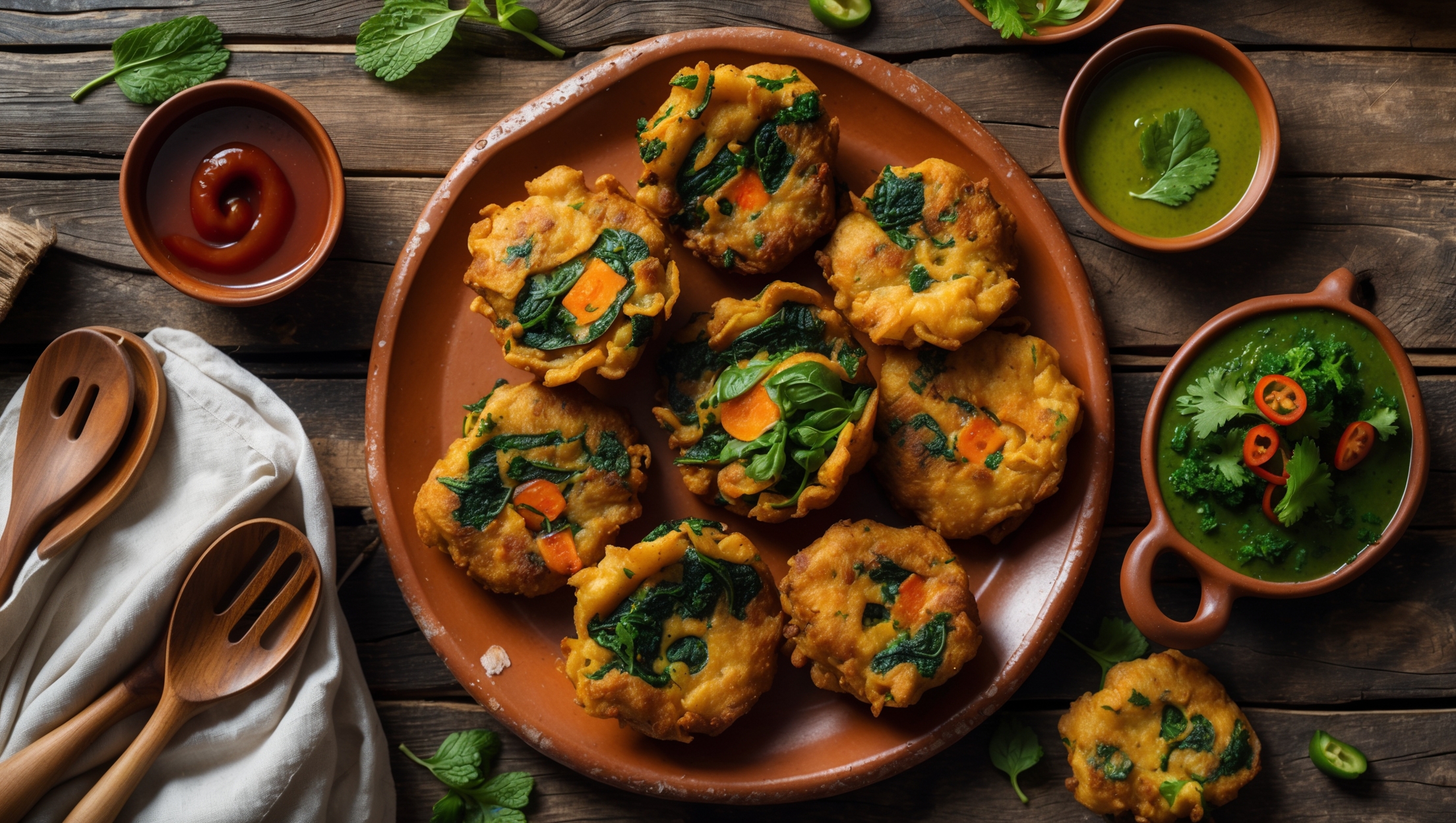 An overhead shot of golden-brown pakoras arranged on a rustic terracotta plate, with steam rising gently from their crisp exterior. The cross-section reveals vibrant vegetables—flecks of green spinach, orange carrot, and purple onion—embedded in the spiced batter. Soft natural light casts gentle shadows, highlighting the craggy texture of each fritter. Small bowls of bright green mint chutney and reddish-brown tamarind sauce sit alongside, with scattered fresh cilantro and sliced green chilies providing color contrast. A folded cotton napkin and wooden serving utensils complete the composition on a weathered wooden table, evoking the casual comfort of monsoon-season street food.
