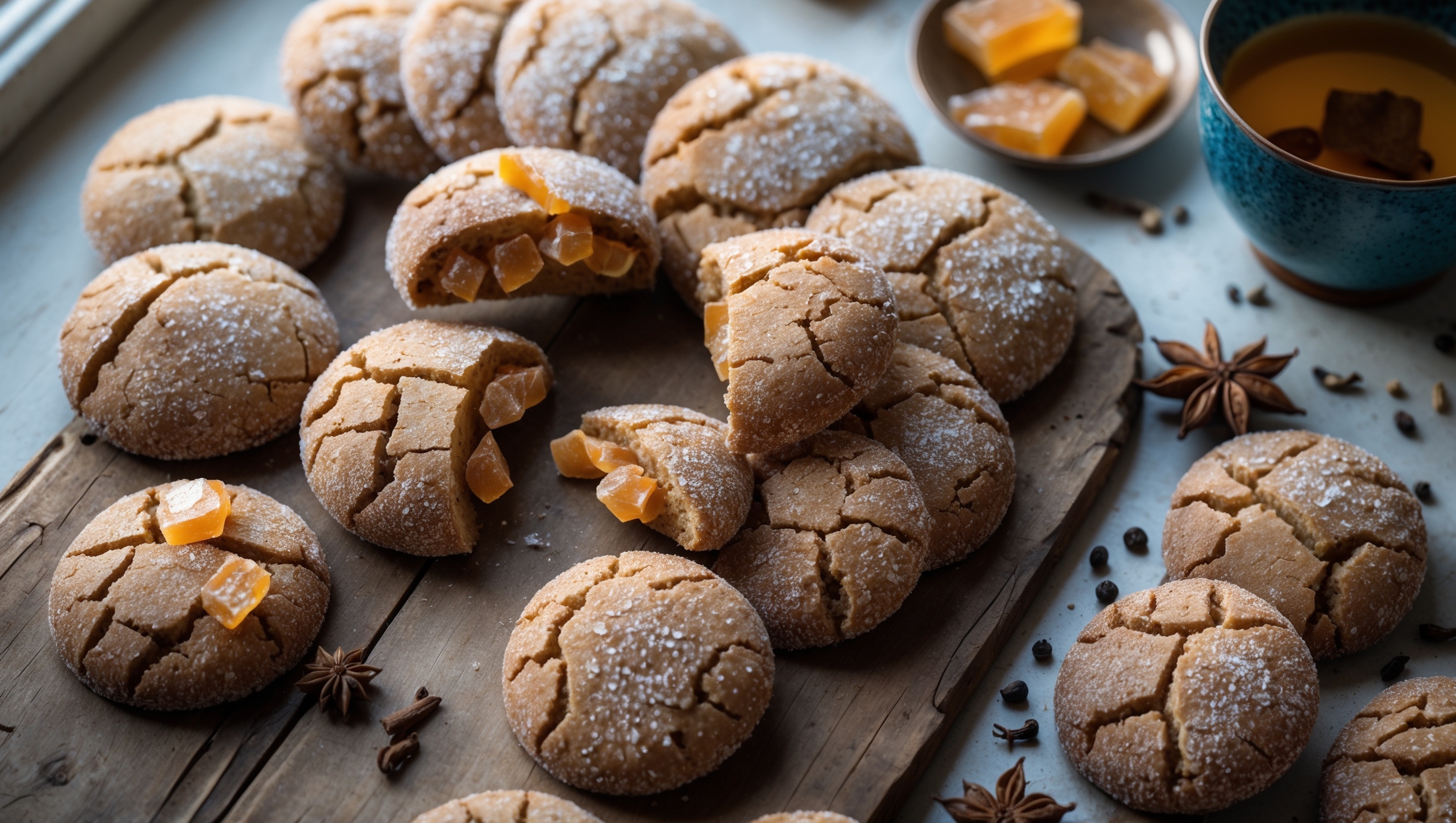 An overhead shot of rustic crystallized ginger cookies arranged in a spiral pattern on a weathered wooden board, with a few cookies broken in half to reveal their chewy centers studded with glistening pieces of crystallized ginger. Soft natural light streams in from a nearby window, highlighting the cookies' crackled tops dusted with a light coating of sugar that sparkles like winter frost. In the background, a vintage blue ceramic mug filled with tea sits beside a small bowl containing pieces of crystallized ginger and a scattered selection of whole spices—star anise, cinnamon sticks, and cloves—that hint at the warm flavor profile within these golden-hued treats.