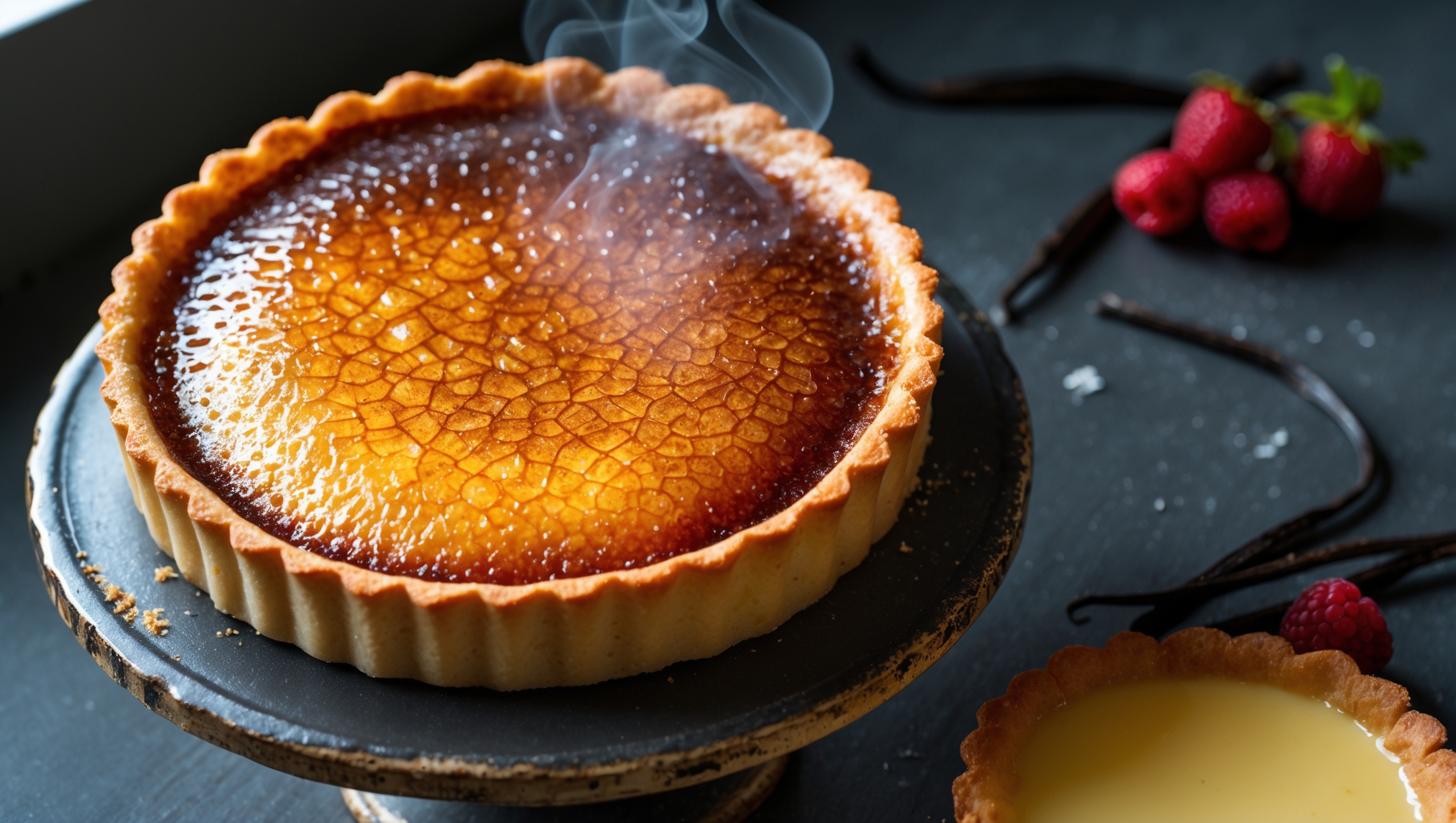 An overhead shot of a perfectly baked Crème Brûlée Tart featuring a golden-brown shortcrust shell with a glistening caramelized sugar top that's been freshly torched to a deep amber finish. A close-up reveals the characteristic crackly surface with tiny bubbles from the caramelization process, while a cross-section shot shows the contrast between the crisp topping, creamy custard center, and buttery pastry base. The tart is presented on an antique ceramic cake stand against a dark slate background, with scattered vanilla beans and a small bunch of fresh berries adding color. Soft natural window light highlights the different textures, capturing the moment just after the sugar has been torched, with wispy tendrils of steam still rising from the warm surface.