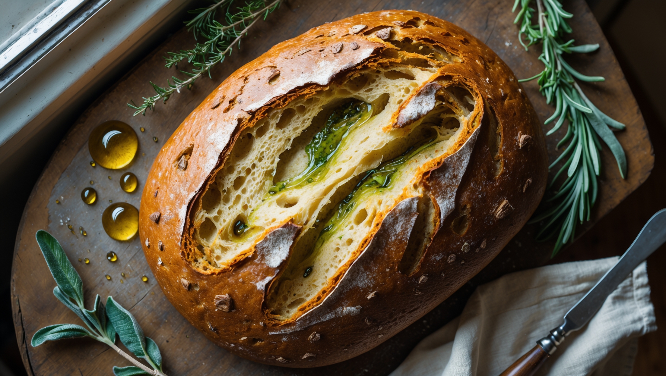 An overhead shot of a rustic golden-brown buttermilk loaf with a slightly cracked top, resting on a weathered wooden board. Natural window light highlights the bread's open crumb structure revealed in a cross-section, showing vibrant green and amber swirls of herb-infused oils marbling throughout. Small droplets of glistening herb oils dot the surface, while sprigs of fresh rosemary, thyme, and sage are artfully scattered alongside the loaf. A linen napkin and vintage butter knife sit nearby, with a warm, inviting atmosphere that emphasizes the bread's homemade character and artisanal quality.