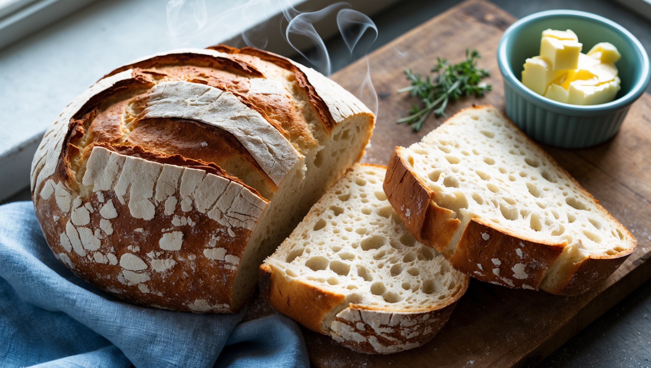 An overhead shot of a freshly baked Cuban bread loaf with its characteristic split top crust glistening under soft window light. The golden-brown exterior shows rustic flour dustings and a perfect crackling surface, while a cross-section reveals the bread's airy, ivory crumb structure with consistent small holes throughout. Slices rest on a weathered wooden board beside a small ramekin of butter and fresh herbs, emphasizing the bread's homestyle appeal. Steam wisps rise subtly, suggesting it's just been pulled from the oven, with the warm tones of the crust contrasting beautifully against the blue linen napkin beneath.