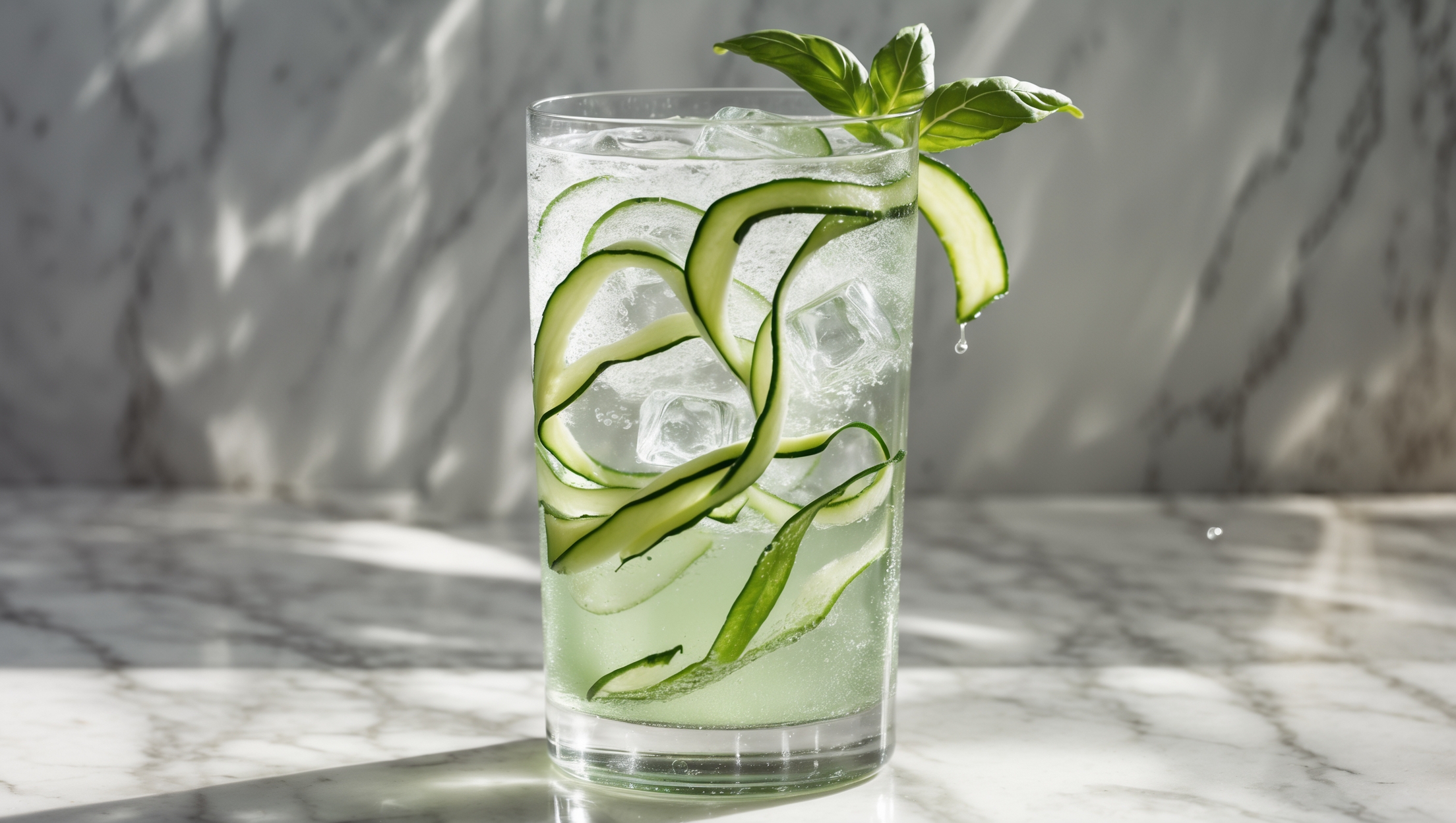 A tall collins glass stands elegantly against a white marble bar top, capturing afternoon sunlight that illuminates the crystal-clear layers of the cocktail. Thinly sliced cucumber ribbons spiral inside the glass, intertwining with fresh basil leaves suspended throughout the drink. Perfectly clear ice cubes reflect light through the effervescent liquid, creating tiny champagne-like bubbles that rise continuously to the surface. The cocktail transitions from pale green at the bottom to a clearer tone at the top where soda water has been added. A garnish of cucumber wheel and basil sprig rests on the rim, casting gentle shadows across the condensation-beaded exterior of the glass.