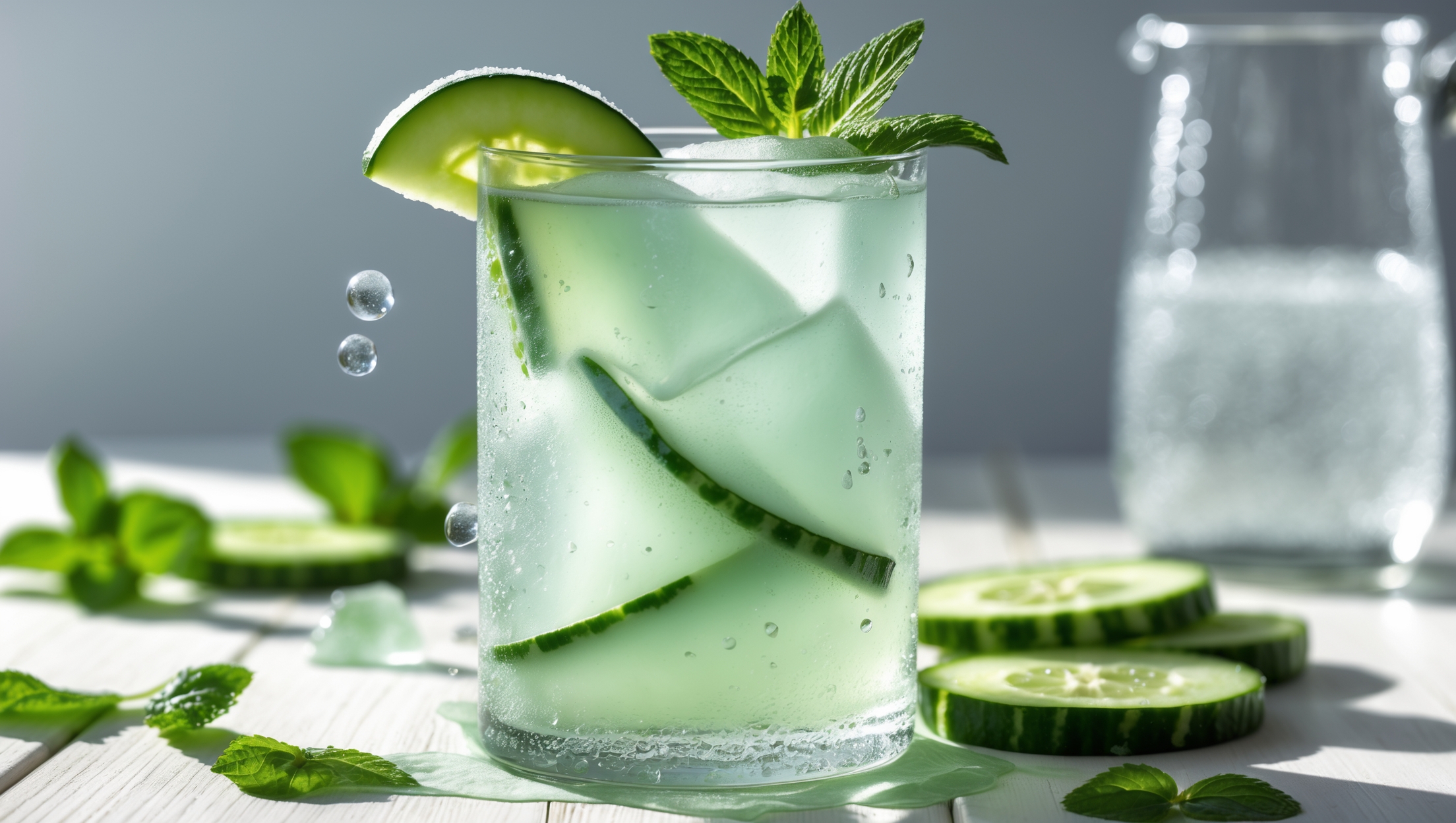 A tall, frosted highball glass filled with a pale green Cucumber Mint Cooler Mocktail, captured in bright natural daylight. Ice cubes peek through the translucent liquid, creating kaleidoscopic reflections. A diagonal cucumber slice rests against the inside of the glass, while a vibrant sprig of mint extends from the top. Beads of condensation trickle down the glass, conveying refreshing coolness. The setup includes scattered cucumber slices and mint leaves on a light wooden surface, with a small pitcher of sparkling water visible in the background, suggesting a just-mixed freshness.