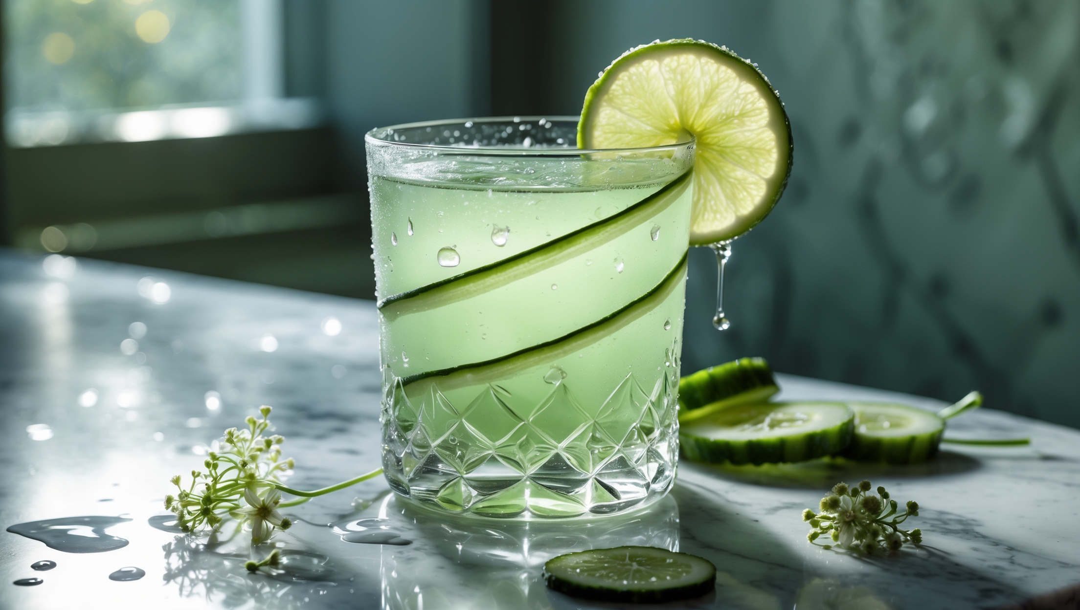 A crystal Nick & Nora glass filled with a pale jade-green cocktail, illuminated by soft natural daylight streaming through a window. Droplets of condensation cling to the outside while a translucent cucumber ribbon spirals inside, reaching above the rim. A lime wheel balances on the edge, partially submerged in the drink. The liquid catches the light, revealing botanical particles suspended throughout. A marble bar top reflects the glass's silhouette while fresh cucumber slices and elderflowers are artfully scattered nearby, hinting at the cocktail's key ingredients.