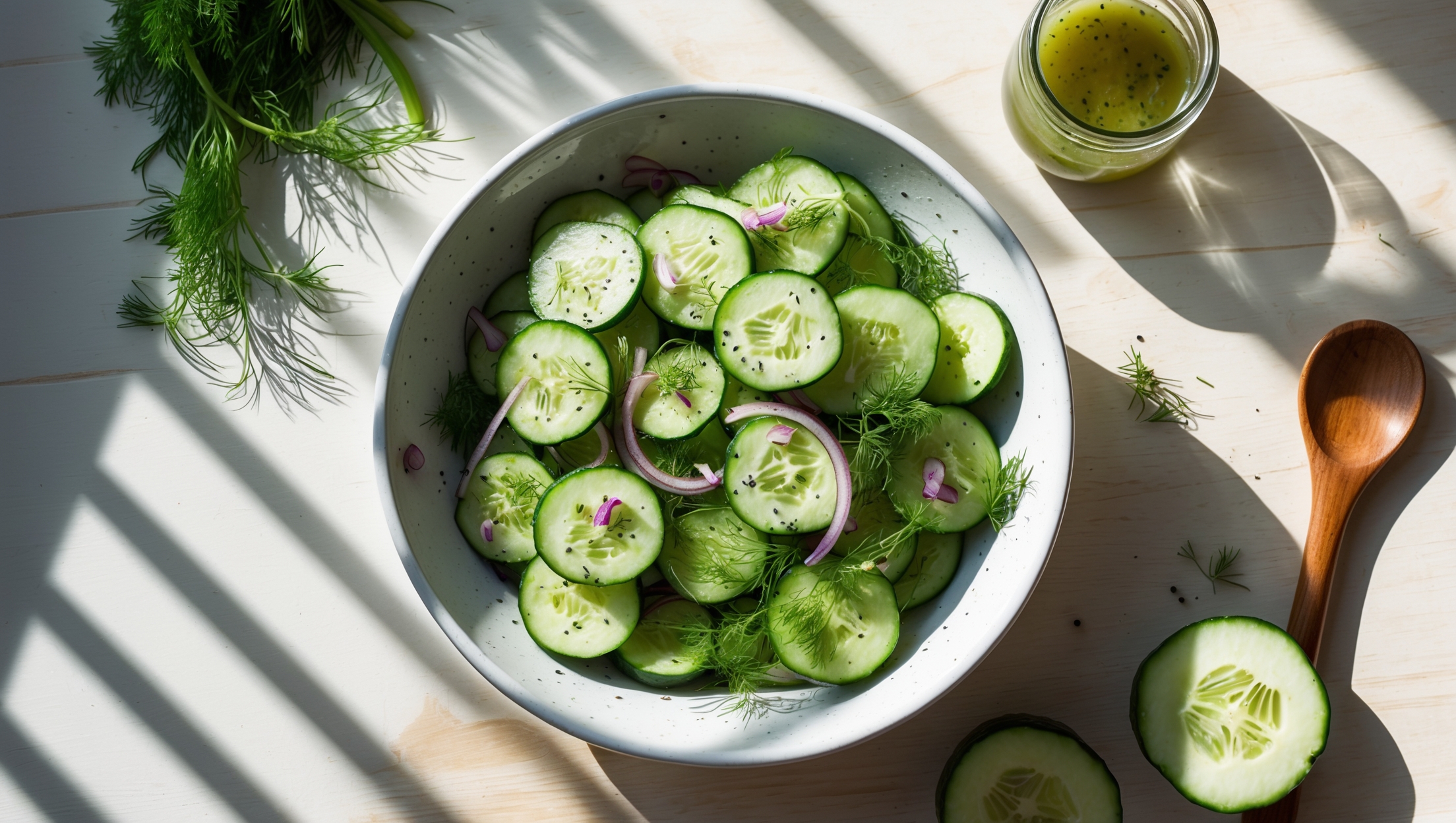 An overhead shot of a vibrant cucumber salad served in a pristine white ceramic bowl on a light wooden table. Thin, semi-transparent cucumber slices glisten with dressing and are intermingled with specks of red onion, fresh dill fronds, and tiny black poppy seeds. The natural window light highlights the juicy texture of the cucumbers and creates delicate shadows across the bowl. A small glass jar of extra dressing sits nearby with a wooden spoon, while scattered fresh herbs and a halved cucumber provide context to the scene, emphasizing the salad's fresh, garden-to-table appeal.