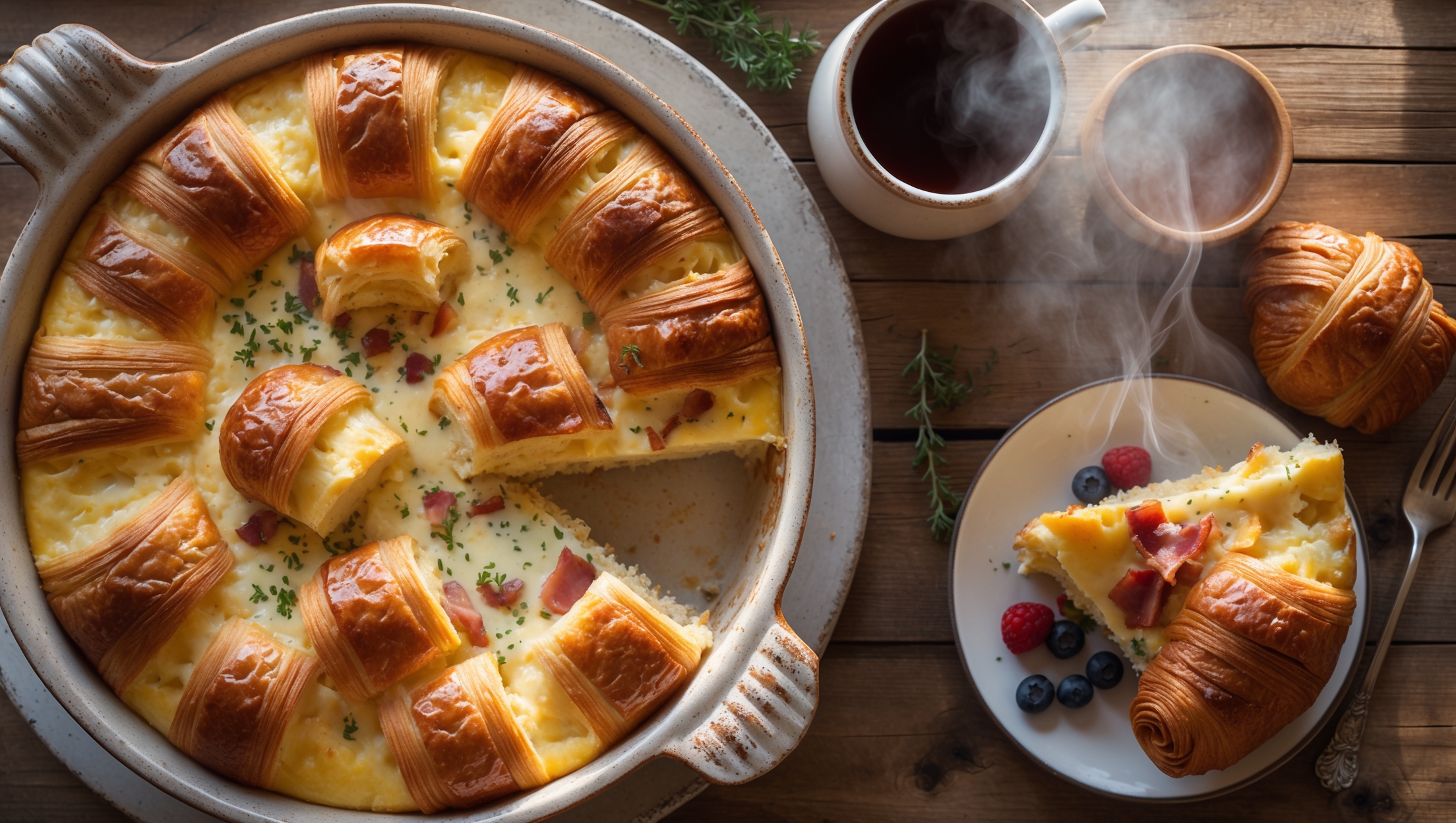 An overhead shot of the Croissant Breakfast Casserole in a rustic ceramic baking dish, capturing the golden-brown puffed top with visible pieces of croissant poking through the surface. A cross-section reveals layers of buttery croissant pieces saturated with custard and melted cheese. Shot in warm morning light streaming through a kitchen window, the casserole is presented on a wooden farmhouse table with a sprinkle of fresh herbs on top for color contrast. A small pitcher of maple syrup and a bowl of fresh berries sit alongside, while steam gently rises from a freshly cut portion revealing the creamy, custardy interior flecked with crispy bacon bits.