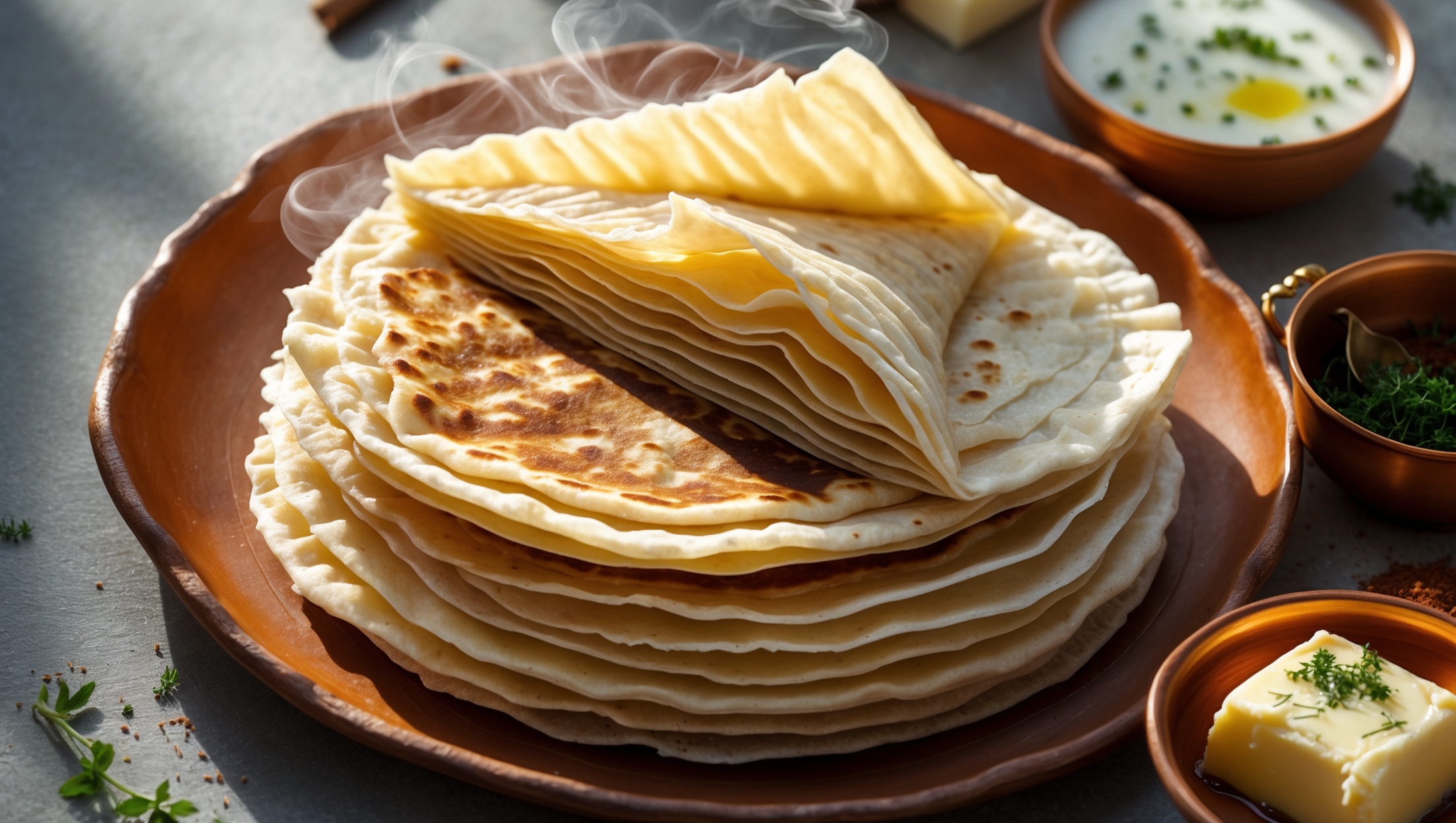 An overhead shot captures a stack of golden-brown cultured butter parathas with visible flaky layers curling at the edges. A cross-section view reveals the distinct 24 layers created through the lamination process, showcasing the intricate honeycomb structure. Soft natural morning light highlights the glossy butter sheen on the surface while creating shadows that emphasize the textural complexity. A corner of the paratha is pulled apart to demonstrate its flaky pull, with steam gently rising. The parathas rest on a handmade clay plate alongside a small copper bowl of yogurt, scattered fresh herbs, and a drizzle of ghee. The styling includes whole spices and a small bowl of cultured butter, reinforcing the artisanal process behind these meticulously laminated flatbreads.