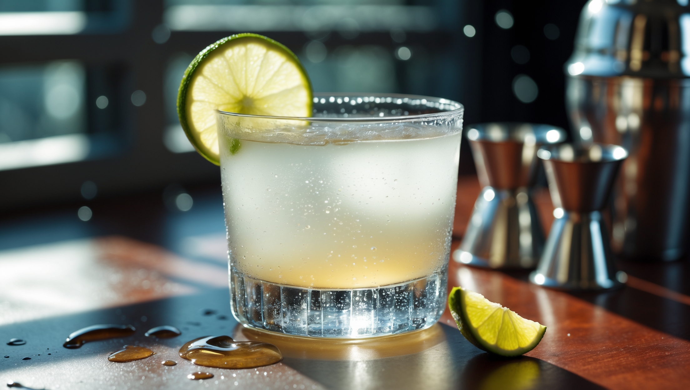 A crystal-clear daiquiri glistens in a frosted coupe glass, captured from a 45-degree angle that highlights its pristine surface. The cocktail catches natural daylight streaming through a window, creating a luminous glow that emphasizes the drink's pale straw color. Droplets of condensation race down the glass, suggesting perfect temperature. A thin lime wheel balances delicately on the rim, its vibrant green providing striking contrast against the pale cocktail. The background features slightly blurred bar tools—a sterling silver cocktail shaker and jigger—suggesting craftsmanship and attention to detail. A sliver of zested lime peel curls artfully beside the glass on a polished wooden surface.
