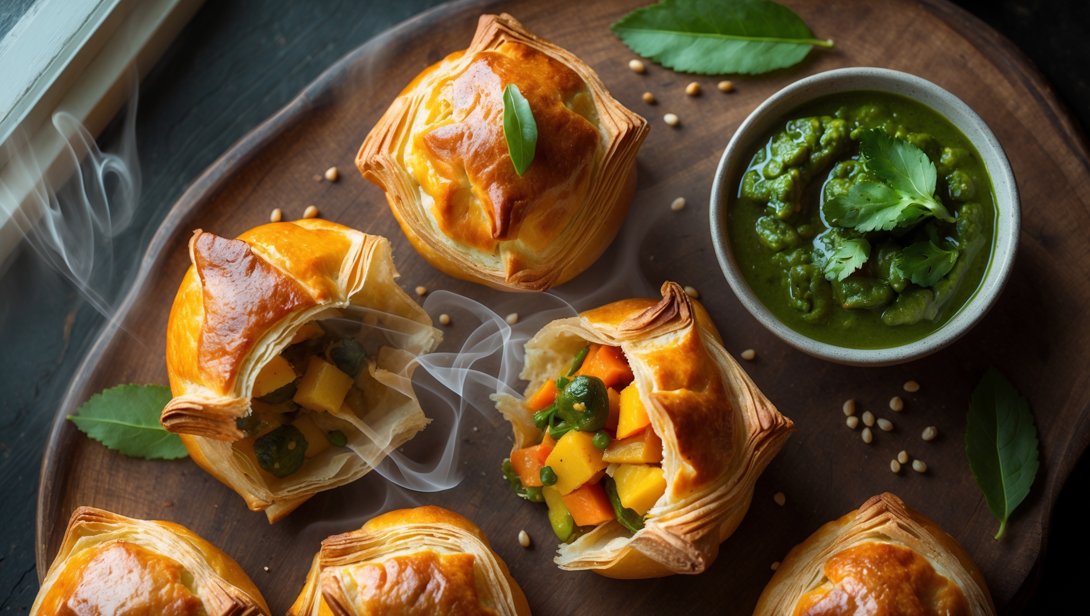 An overhead shot of golden-brown curry vegetable puffs arranged on a rustic wooden serving board, with one puff broken open to reveal the vibrant yellow-orange curry filling studded with colorful vegetables. The pastry's flaky layers catch the soft natural light streaming through a nearby window, highlighting the buttery texture and delicate pleats along the edges. A small ramekin of bright green cilantro-mint chutney sits alongside, providing striking color contrast. Scattered curry leaves and mustard seeds decorate the composition, while wisps of steam rise from the freshly baked puffs, suggesting their warmth and rich aroma.