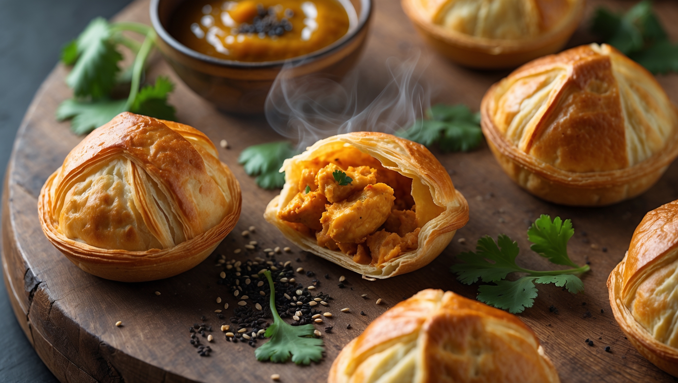 An overhead shot captures golden-brown Curried Chicken Puffs arranged on a rustic wooden serving board, with one puff broken open revealing the vibrant yellow-orange spiced chicken filling inside. Shot in soft natural light that accentuates the flaky, buttery layers of pastry with visible lamination. A small ceramic bowl of mango chutney sits alongside, its deep amber color complementing the warm tones of the curry. Fresh cilantro sprigs and a scattering of nigella seeds add pops of green and black against the golden pastries. Steam rises gently from the freshly baked puffs, suggesting their warmth and aromatic appeal.