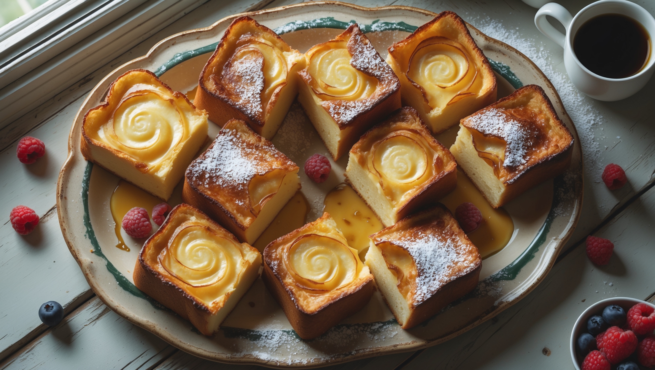 An overhead shot of custard toast squares arranged on a vintage ceramic platter, their tops golden-brown with caramelized edges showcasing swirls of vanilla-flecked custard. A cross-section view reveals the crisp exterior giving way to a soufflé-like center that's simultaneously creamy and light. Captured in soft morning light streaming through kitchen windows, the scene includes scattered berries for vibrant color contrast, a light dusting of powdered sugar, and a drizzle of honey catching the light. The platter sits on a weathered wooden table alongside a steaming cup of coffee and a small bowl of fresh berries, evoking a perfect weekend breakfast moment.