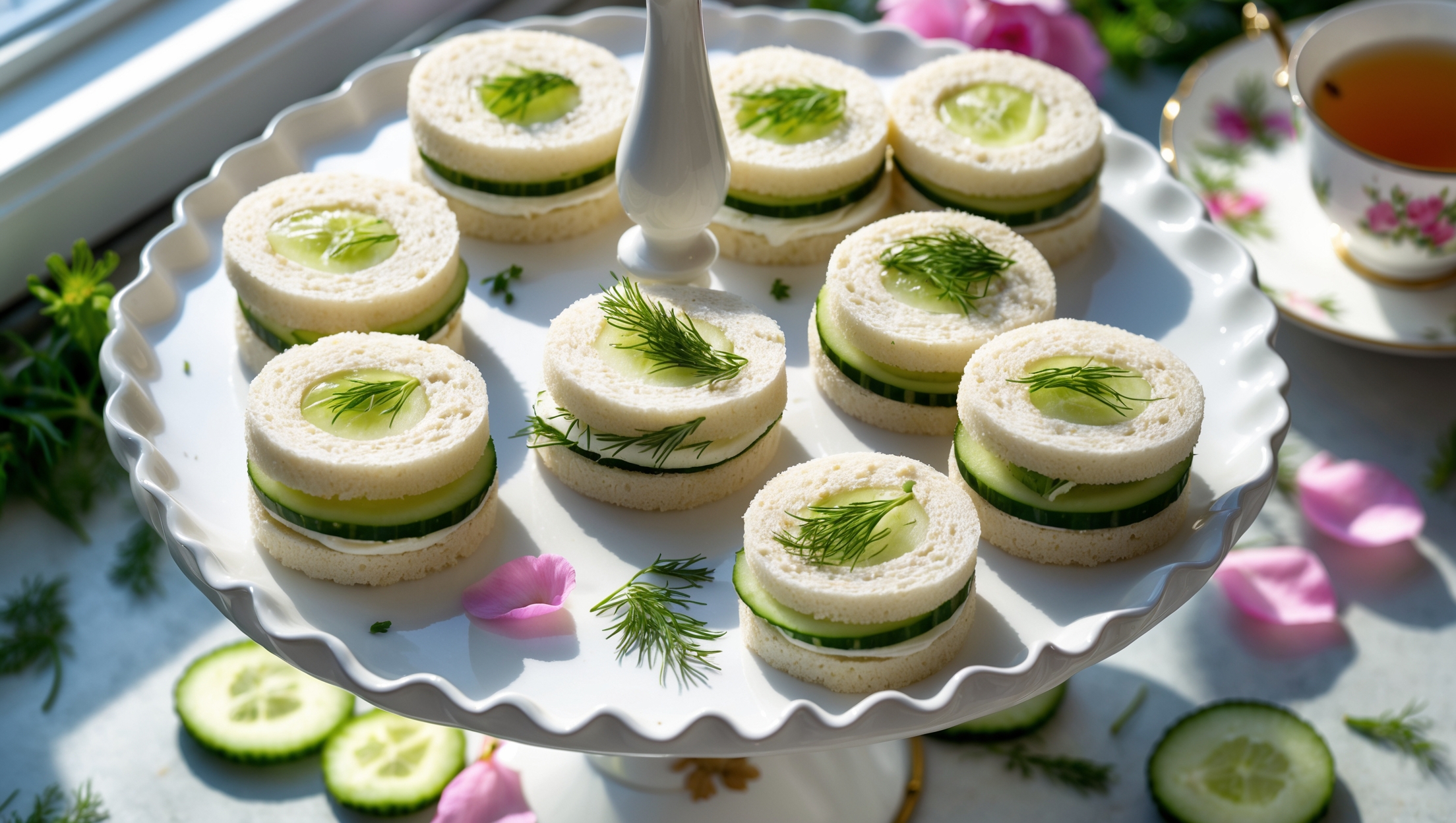 An overhead shot of neatly arranged cucumber sandwich bites on a white porcelain three-tiered serving stand, captured in bright natural light streaming through a window. The circular sandwiches reveal layers of soft white bread, creamy spread, and thin translucent cucumber slices garnished with tiny dill sprigs. Some sandwiches are cut to showcase the clean layers inside, while others remain whole with their crusts precisely removed. The platter is complemented by a vintage floral teacup, scattered fresh herbs, cucumber slices, and a few stray pink flower petals creating an effortlessly elegant afternoon tea setting.
