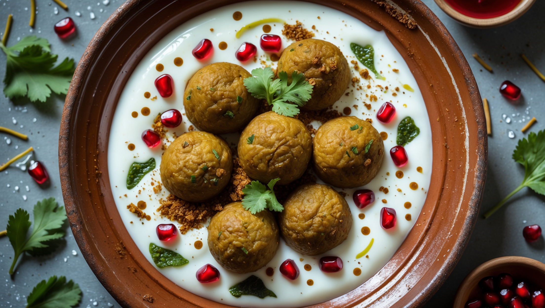 An overhead shot of Dahi Bhalla served on a rustic terracotta plate, capturing the golden-brown lentil dumplings nestled in a pool of creamy white yogurt. The soft natural light highlights the vivid colors of various toppings - the bright red of tamarind chutney swirled artistically, the vibrant green mint chutney dotted throughout, and the earthy brown sprinkle of roasted cumin powder. Jewel-like pomegranate seeds scatter across the surface, creating delightful color pops against crispy fried vermicelli strands and finely chopped green chilies. The composition features scattered fresh coriander leaves around the edges and a small bowl of extra tamarind chutney positioned to one side, while condensation beads on the yogurt's surface suggest refreshing coolness.