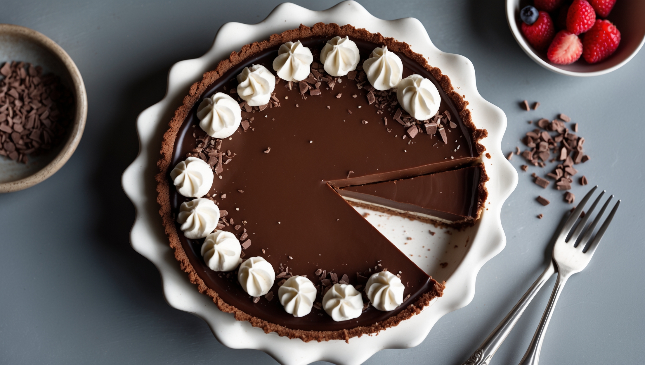 An overhead shot of a dark chocolate cream pie showcasing its glossy chocolate filling with a perfectly defined slice removed to reveal the contrasting layers. The pie sits on a vintage white ceramic pedestal with soft natural light highlighting the silky smooth surface of the chocolate filling and the delicate swirls of freshly piped whipped cream around the perimeter. Chocolate shavings cascade across the top, creating an elegant pattern against the pristine white cream. In the background, a small bowl of fresh berries and scattered cacao nibs add texture and color to the scene, while a silver dessert fork rests beside the plate, inviting the viewer to indulge.