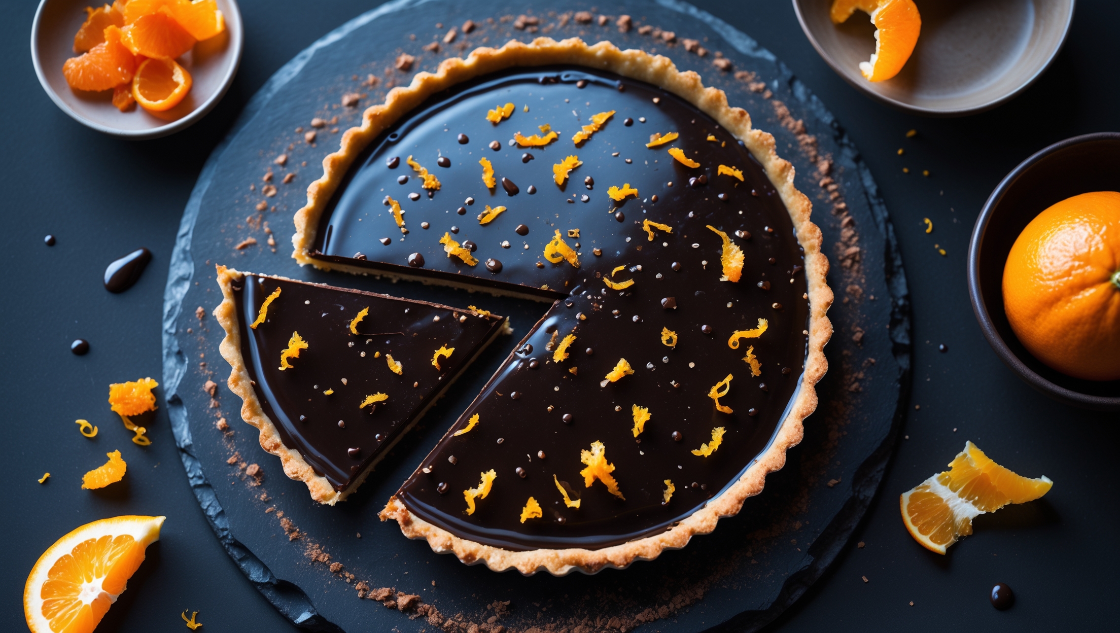 Overhead shot of a glossy dark chocolate tart with vibrant orange zest scattered across its mirror-like surface, captured in soft natural light. A single slice has been removed, revealing the perfect contrast between the crisp golden pastry and the velvety chocolate filling. The tart rests on a textured slate serving board alongside a small bowl of candied orange peel and a partially peeled fresh orange. Droplets of orange oil glisten on the chocolate surface, while a light dusting of cocoa powder softens the edges, creating a moody, sophisticated composition that highlights the tart's decadent texture and the aromatic marriage of citrus and chocolate.