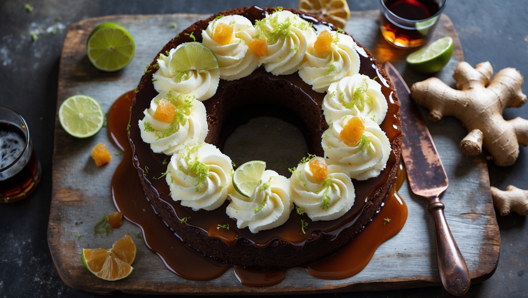 An overhead shot of a dark, moist ginger cake with caramelized edges, topped with swirls of cloud-like lime-flecked cream cheese frosting. Soft natural light highlights the glossy rum glaze dripping down the sides, while lime zest and candied ginger pieces create vibrant garnishes against the deep amber cake. The dessert sits on a weathered wooden board with small glasses of dark rum and fresh ginger root artfully scattered around, evoking the cocktail's nautical origins with a vintage copper serving knife resting nearby.