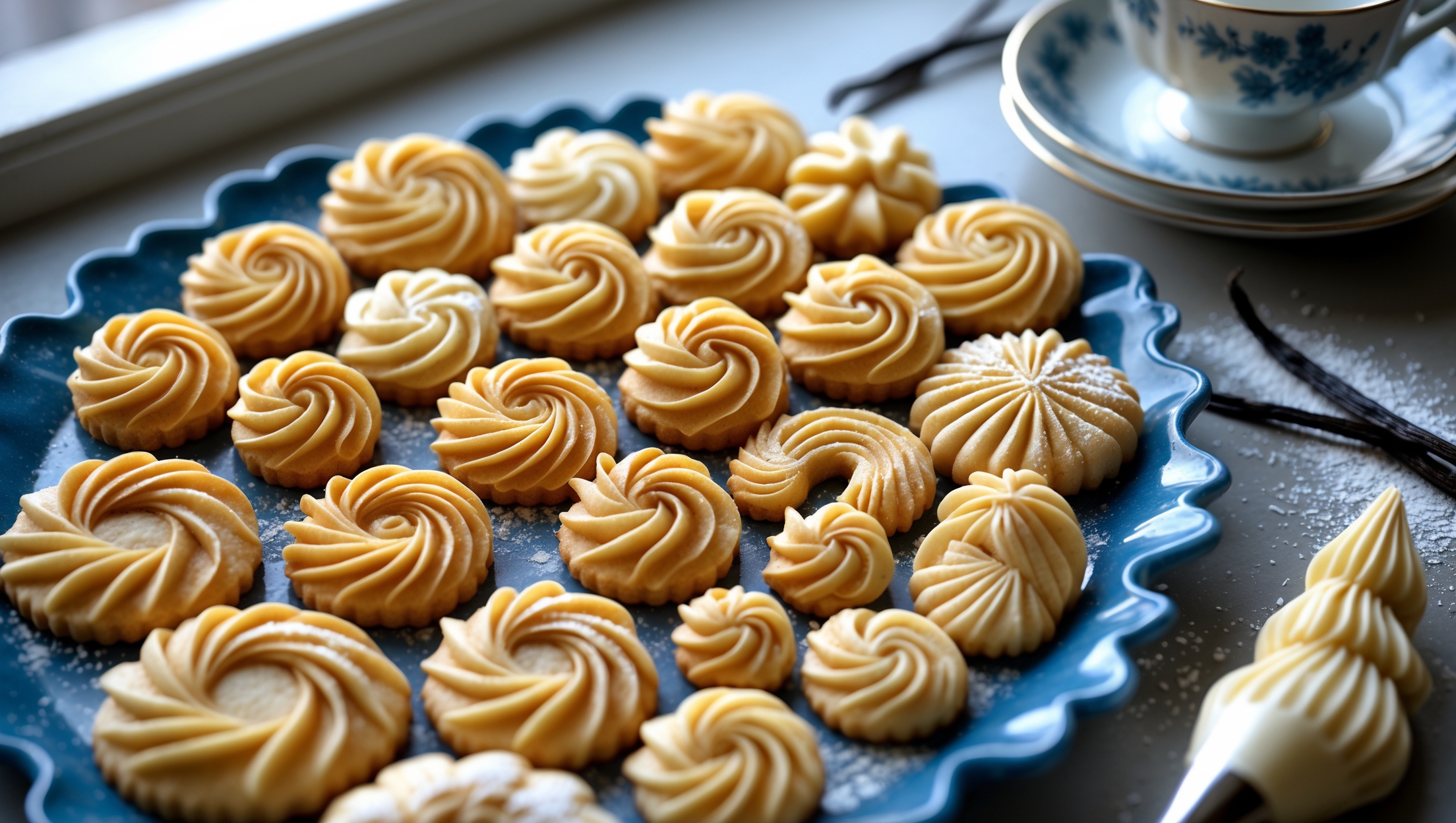 An overhead shot captures a beautiful arrangement of golden-brown Danish butter cookies with various intricate piped designs—rosettes, swirls, and scalloped rings—displayed on a vintage blue ceramic platter. A close-up reveals the perfect definition of the piping patterns, highlighting their delicate ridges and precise execution. Soft natural light streams from a side window, illuminating the cookies' glistening sugar crystals and buttery sheen. In the background, slightly blurred, sits a porcelain tea cup and saucer, with scattered vanilla beans and a light dusting of powdered sugar adding dimension. The warm tones of the cookies contrast beautifully with the cool blue serving platter, while a partially visible piping bag with a star tip rests nearby, hinting at the craftsmanship involved.
