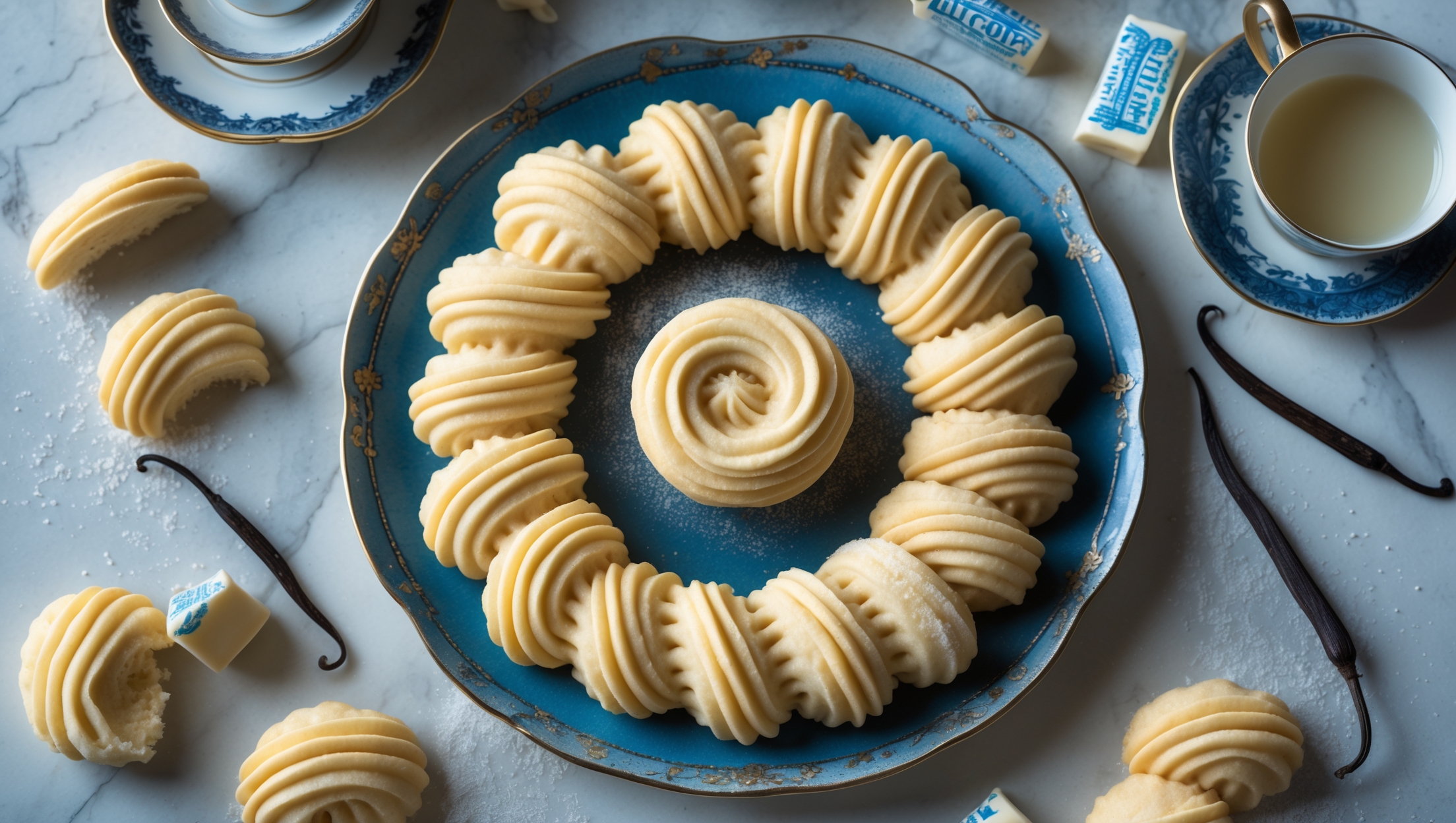 An overhead shot of perfectly piped Danish butter cookies arranged in a spiral on a vintage blue ceramic plate, displaying their distinctive ridged shapes and pale golden edges. Soft natural light streams in from the side, highlighting their delicate, crumbly texture and subtle sheen. Several cookies are broken in half to reveal their short, tender crumb structure. In the background, a porcelain teapot and cup suggest the perfect pairing, while scattered vanilla pods and butter wrappers hint at the key ingredients. A light dusting of sugar catches the light, creating a subtle sparkle across the classic treats.