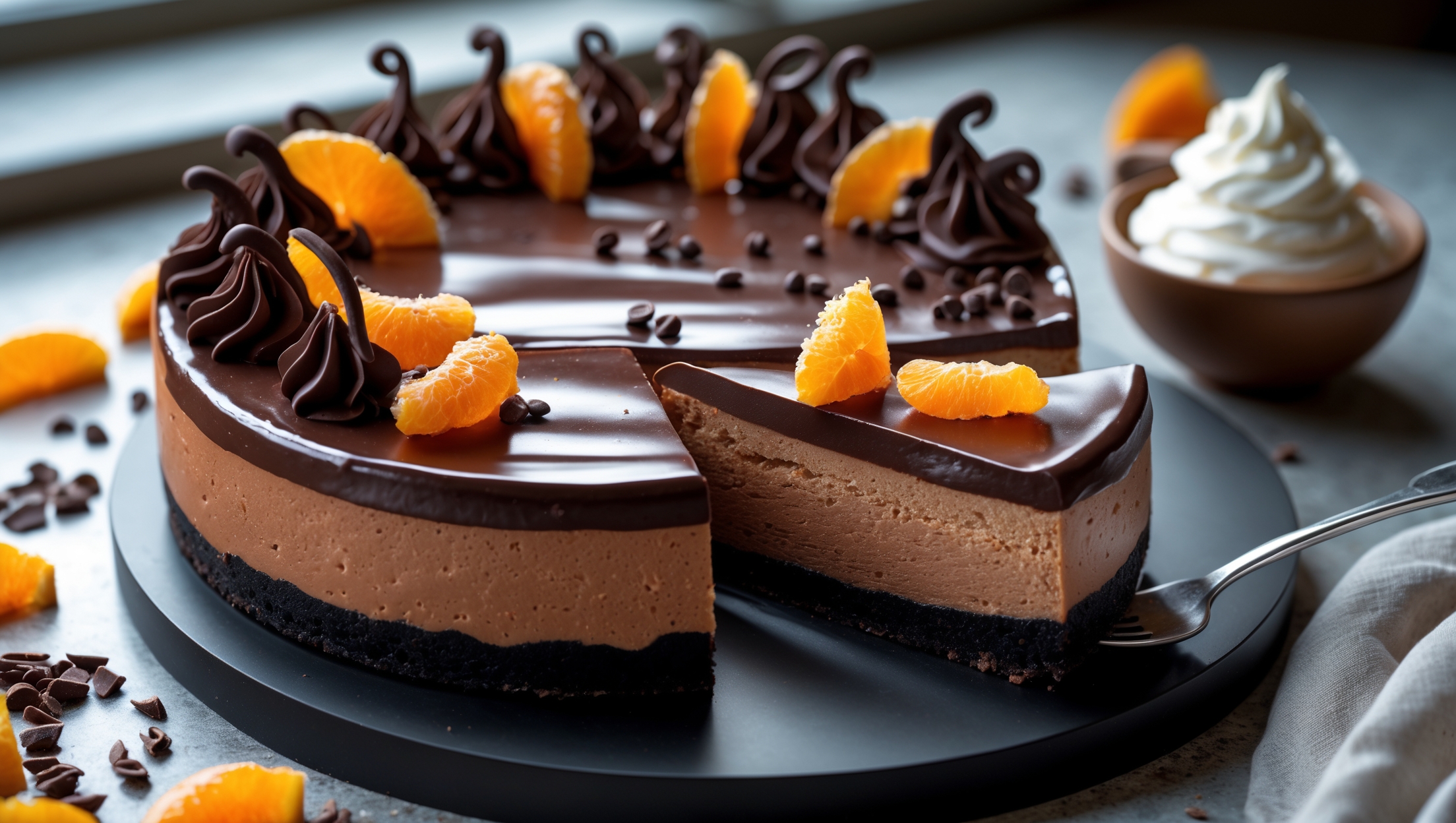An overhead shot of a perfectly sliced dark chocolate orange cheesecake on a matte black cake stand, revealing its three distinct layers – the crisp chocolate biscuit base, velvety chocolate-orange filling, and glossy ganache topping decorated with candied orange slices and chocolate curls. Natural window light highlights the silky sheen of the ganache while casting gentle shadows that emphasize the cake's luxurious texture. Surrounding the cheesecake are scattered orange segments, cacao nibs, and a small bowl of whipped cream, with the vibrant orange providing striking color contrast against the deep chocolate tones. A dessert fork lifts a bite-sized piece, revealing the creamy interior that holds its shape while appearing irresistibly smooth.