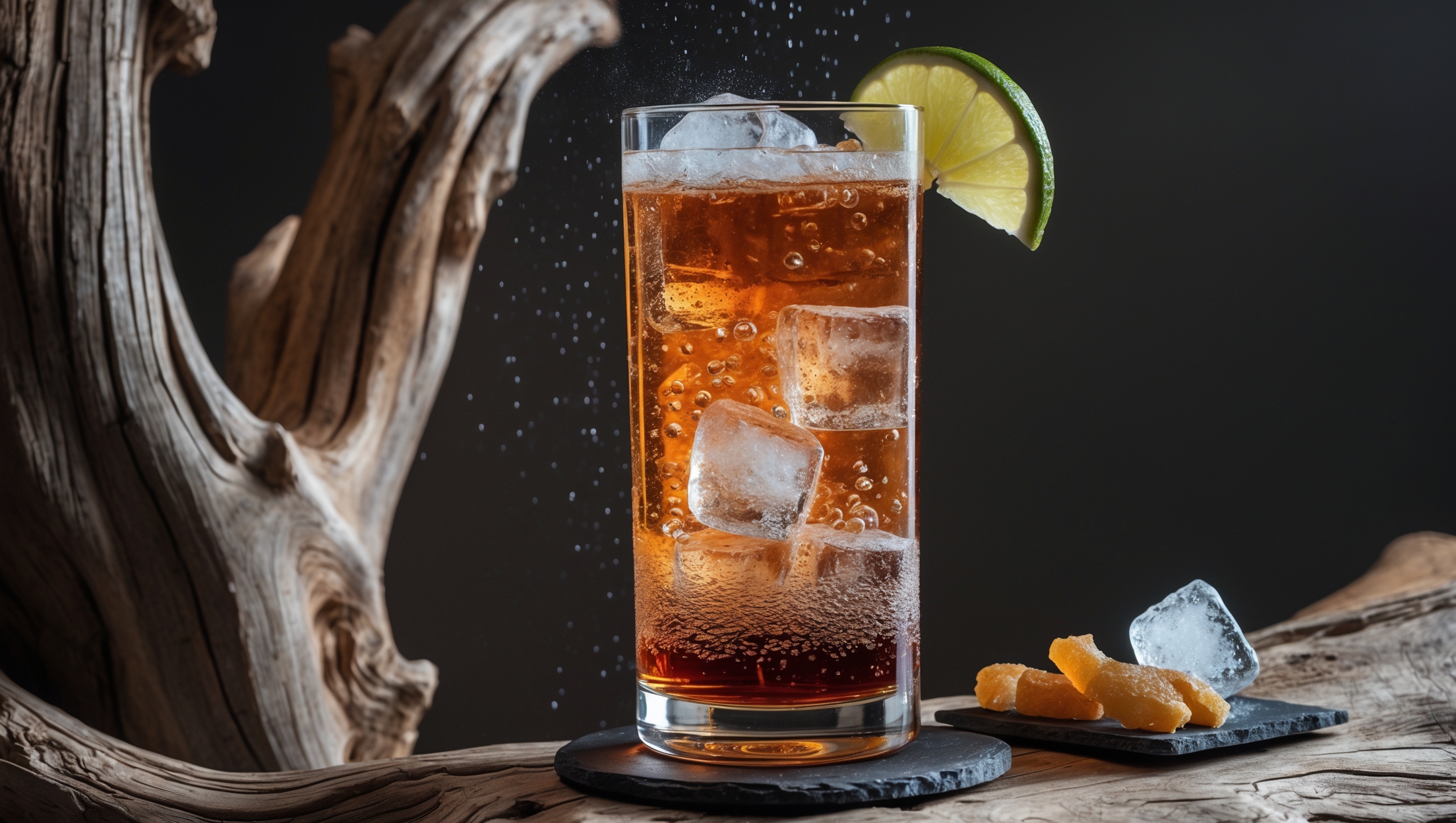 A highball glass stands tall against weathered driftwood, filled with a dramatic two-tone effect - deep mahogany rum floating on crystal-clear ginger beer. Amber lighting catches the condensation beading on the frosted glass, while bubbles rise dramatically through the liquid. A wedge of lime perches on the rim, and candied ginger sits nearby on a small slate coaster. Ice cubes glisten like miniature icebergs, and the drink's surface reflects subtle copper tones, mirroring the storm-at-sea inspiration of this classic cocktail.
