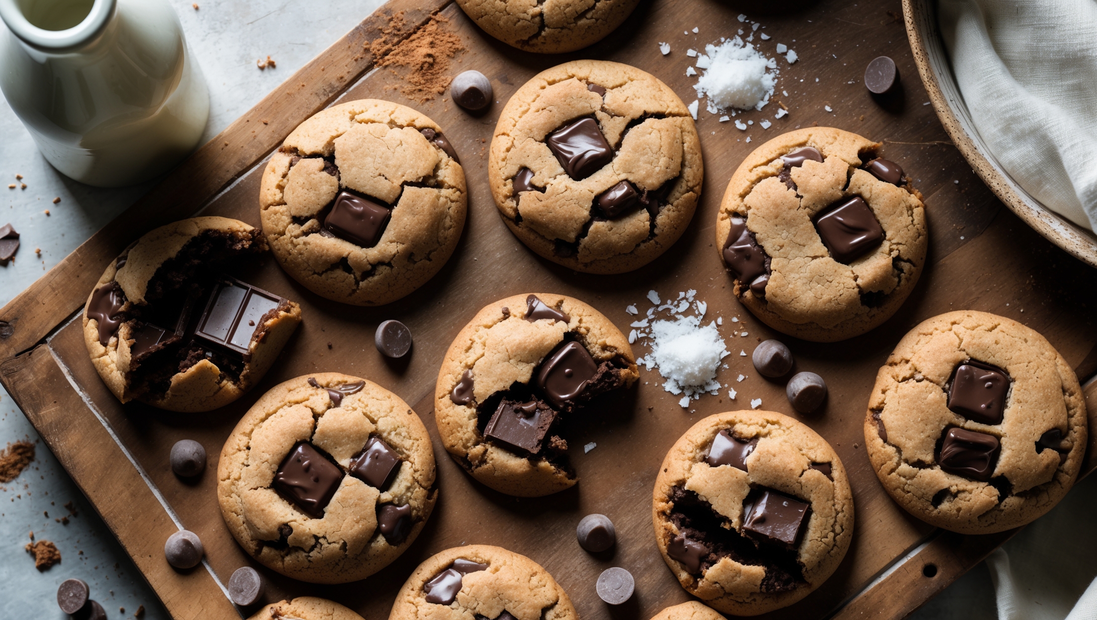An overhead shot of freshly baked dark chocolate chip cookies arranged on a rustic wooden board, with some cookies broken in half revealing molten chocolate chunks against the golden-brown cookie base. Soft natural light streams from a side window, highlighting the textured tops with their characteristic cracks and the glossy chocolate pieces. A vintage ceramic milk bottle and small bowl of flaky sea salt sit alongside, while scattered chocolate chips and a light dusting of cocoa powder add depth to the composition. The cookies' perfect rippled edges show a beautiful contrast between the deep chocolate chunks and the buttery cookie dough, capturing their irresistible homemade quality.