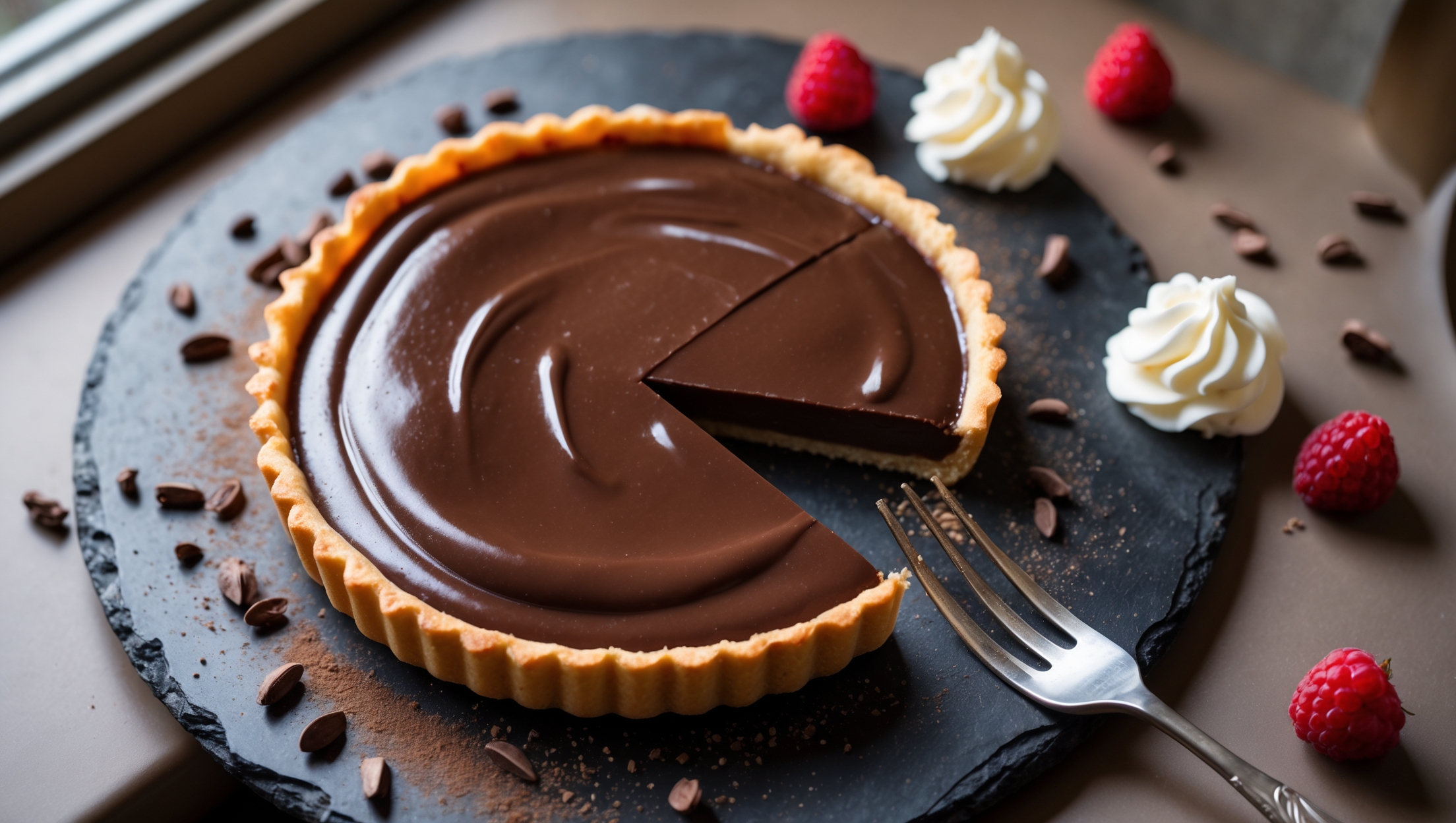 An overhead shot of a perfectly baked dark chocolate custard tart, its surface glossy and reflecting soft natural light from a nearby window. A single slice has been removed, revealing the velvety chocolate custard interior against the crisp golden pastry shell. The tart rests on a vintage slate cake stand, surrounded by scattered cacao nibs, a few fresh raspberries, and a light dusting of cocoa powder. A silver dessert fork rests alongside, with a small dollop of freshly whipped cream melting slightly against the still-warm surface, creating a beautiful contrast between the deep chocolate brown and creamy white.