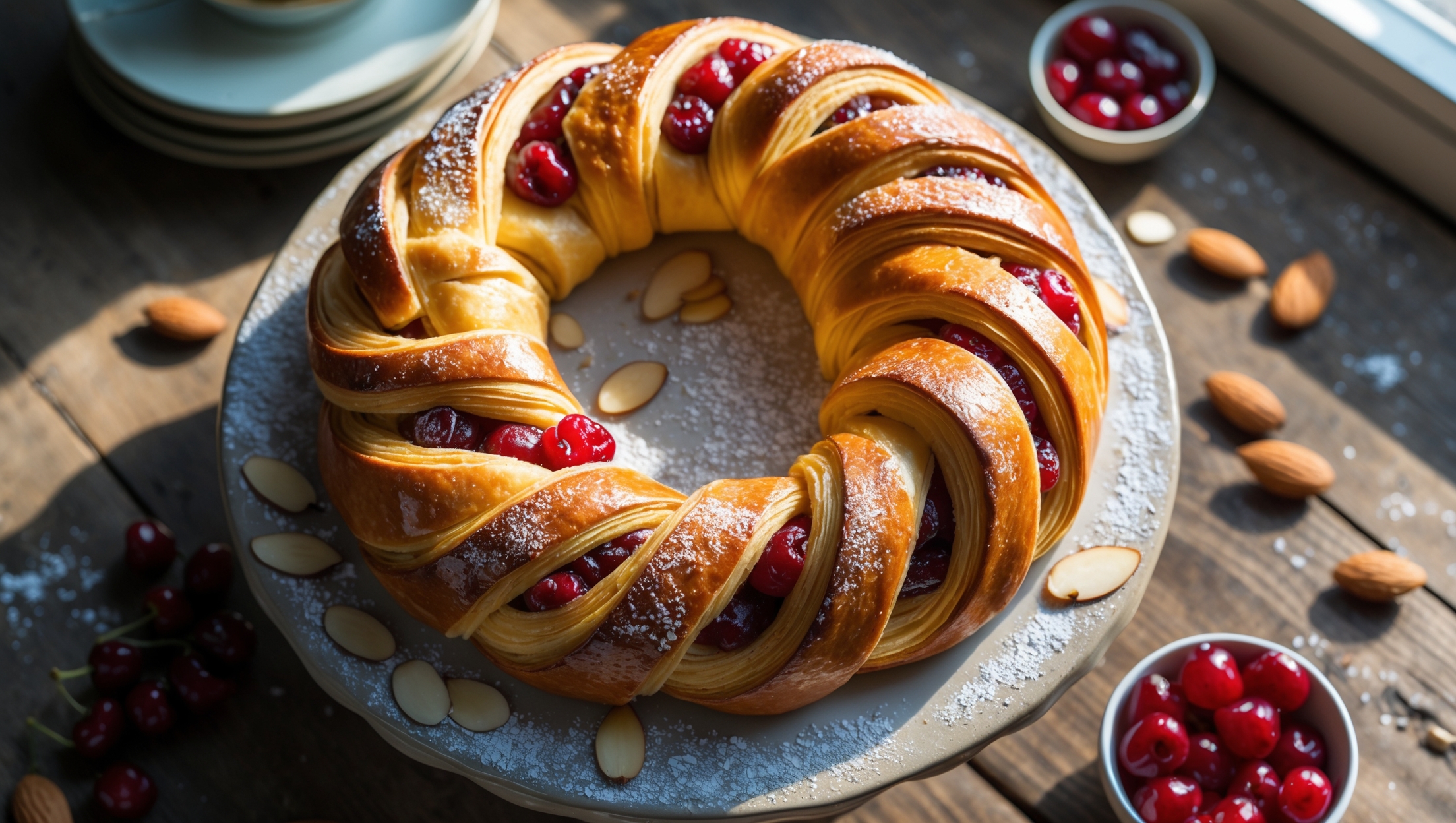 An overhead shot of the golden-brown Danish wreath on a vintage ceramic cake stand, displaying its perfectly braided structure and glistening glaze. The soft natural light streaming from a nearby window highlights the flaky layers and creates gentle shadows that emphasize the woven texture. Close-up details reveal candied cherries nestled within the folds, their vibrant red contrasting beautifully with the golden pastry and white glaze. Scattered almond slices and a dusting of powdered sugar add texture and dimension, while the rustic wooden table beneath features small bowls of extra almonds and cherries, reinforcing the recipe's key ingredients.