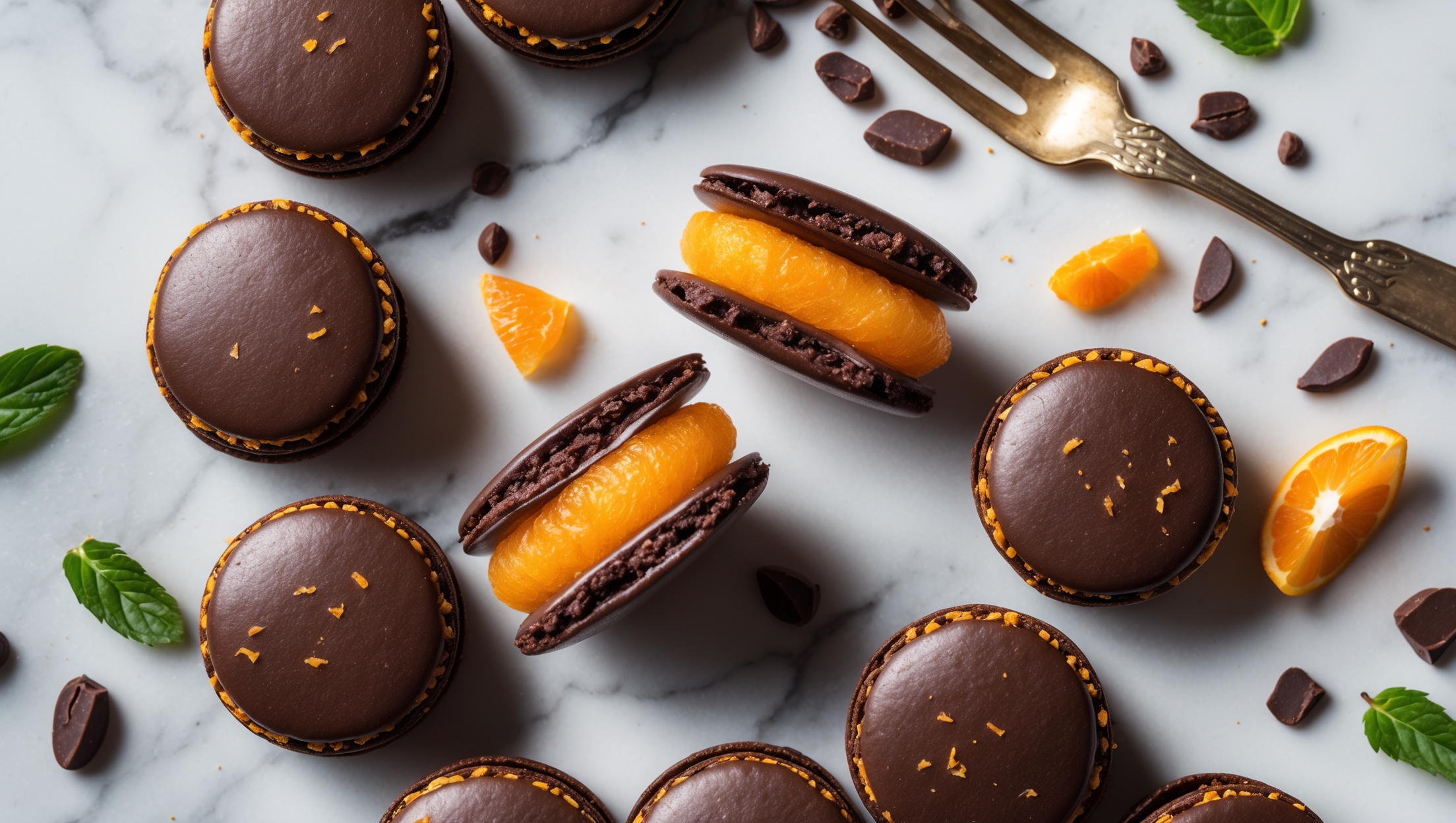 An overhead shot of perfectly formed dark chocolate macarons with their distinctive "feet" arranged in a spiral pattern on a white marble surface. A cross-section view reveals the smooth chocolate-orange ganache filling nestled between two macaron shells. The lighting is soft natural daylight, highlighting the slight sheen on the macaron shells which are deep cocoa-colored with flecks of orange zest. Scattered around the composition are cacao nibs, orange segments, and a few fresh mint leaves for color contrast. A vintage silver cake fork rests beside one macaron, with a small bite taken out to show the chewy interior texture against the crisp shell and glossy ganache.