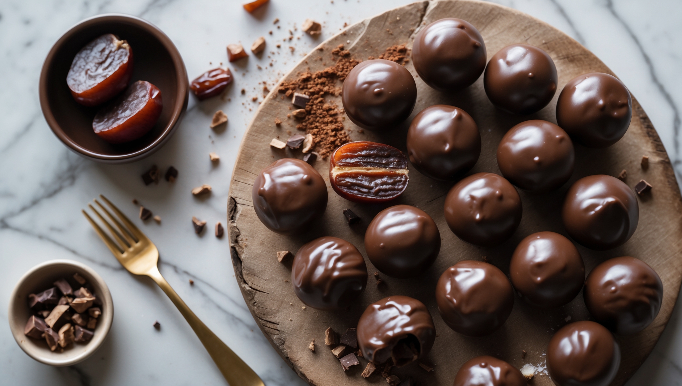 Overhead shot of glossy chocolate-coated date balls arranged on a rustic wooden serving board, with some cut in half to reveal their dense, fudgy interior. The deep brown spheres contrast beautifully against a marble countertop, with scattered cacao nibs, chopped dates, and a light dusting of cacao powder adding textural interest. Captured in soft natural light that highlights the slight sheen on the chocolate coating, with a small bowl of extra coating in the background suggesting the rolling process. A delicate gold dessert fork rests beside the arrangement, emphasizing their bite-sized indulgence.