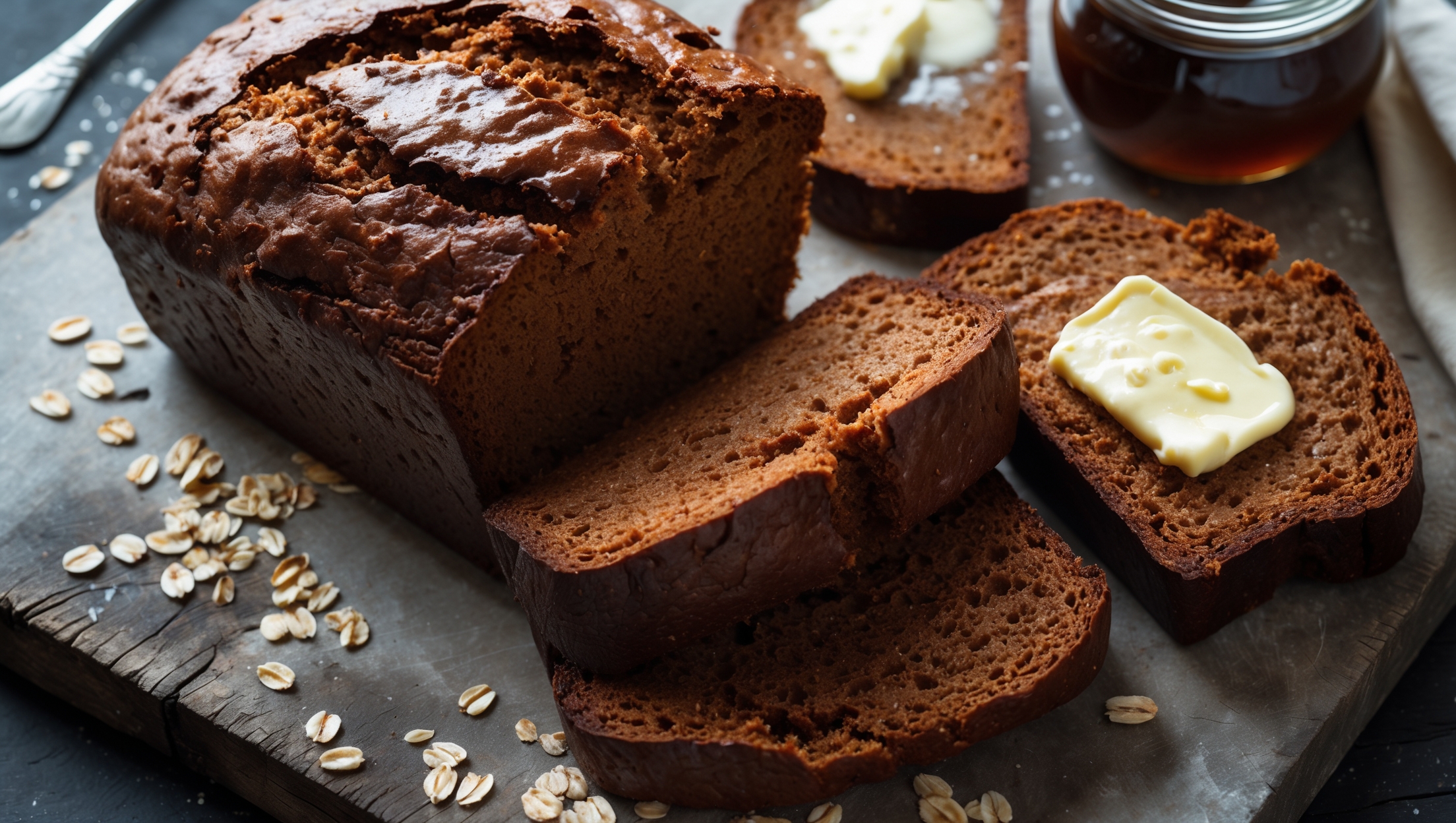An overhead shot captures a rustic loaf of dark treacle brown bread with its deeply caramelized crust displaying a beautiful mahogany color. A cross-section reveals the bread's moist, dense interior with a soft, even crumb structure. Photographed in diffused natural light on a weathered wooden board, slices are arranged next to the main loaf, some topped with slightly melting salted butter. A small jar of treacle and scattered oats provide context for the key ingredients, while wisps of steam suggest the bread is freshly baked. The contrast between the dark crust and the warm amber-brown interior creates a visually striking composition that highlights the bread's wholesome, homemade quality.