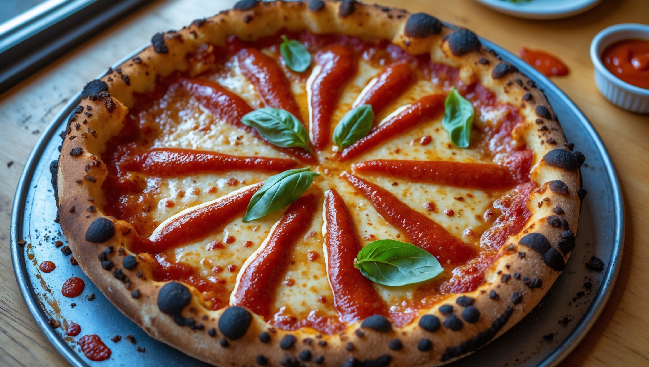 An overhead shot of a rectangular Detroit-style pizza with its signature crispy, blackened cheese edges forming a lacey border around the perimeter. The deep-dish crust appears light and airy beneath, showing a perfect balance of chew and crunch. Vibrant red sauce is ladled in thick stripes over the melted Wisconsin brick cheese, creating dramatic contrast against the golden-brown surface. The pizza sits on a well-seasoned blue steel pan, with steam still rising from the freshly baked creation. Natural light from a nearby window highlights the caramelized cheese corners – the coveted "frico" edges – while scattered fresh basil leaves add pops of green. In the background, a small dish of additional sauce and a pizza cutter suggest the imminent enjoyment of this Motor City classic.