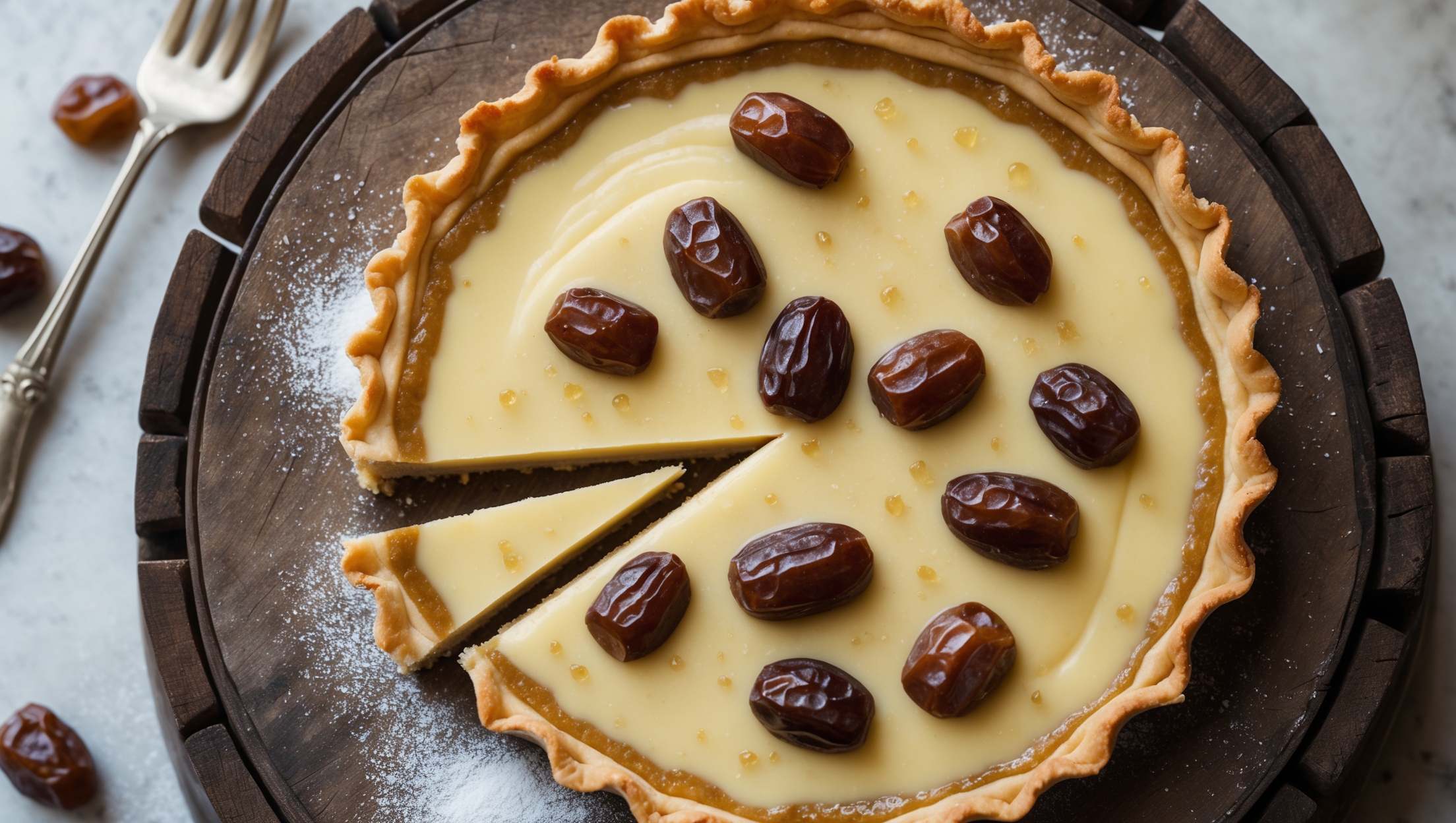 An overhead shot captures this elegant Date Custard Tart on a weathered wooden cake stand, where golden pastry cradles a glistening vanilla-flecked custard studded with caramelized date pieces. Soft natural light highlights the contrast between the crisp, perfectly browned pastry edge and the smooth, pale yellow custard surface. A cross-section view reveals distinct layers - the crumbly shortcrust base, plump date pieces partially sunken into the set custard. Scattered date pieces and a light dusting of confectioners' sugar around the tart create an artful frame, while a vintage silver dessert fork rests nearby, ready to take the first bite.