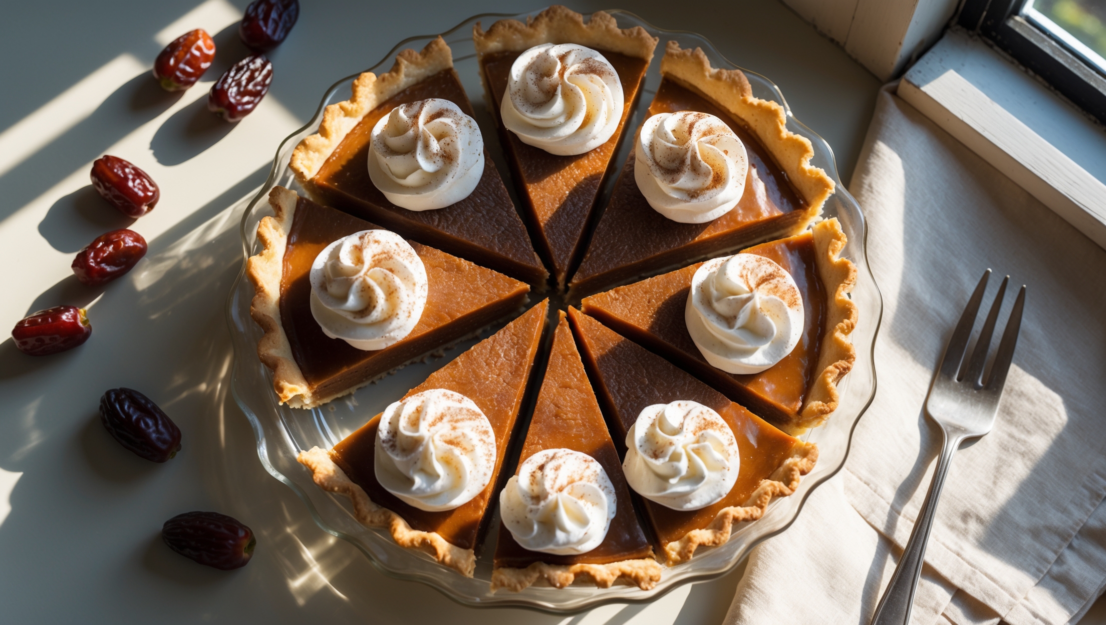 An overhead shot of a perfectly sliced date cream pie on a vintage milk glass cake stand, revealing its three distinct layers - the golden-brown flaky crust, rich amber-colored date filling, and pillowy whipped cream topping dusted with cinnamon. The natural light streaming through a nearby window highlights the glossy surface of the filling and creates gentle shadows that emphasize the pie's texture. Scattered dates and cinnamon sticks artfully arranged alongside the pie provide context and color contrast, while a silver dessert fork rests on a cream linen napkin, suggesting the imminent pleasure of the first bite.
