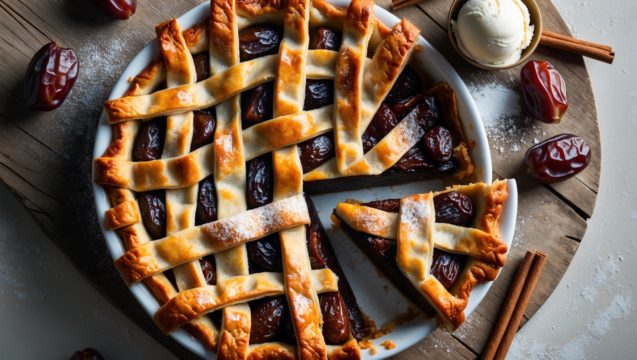 An overhead shot captures a golden-brown Date Pie with a lattice top crust, showcasing glimpses of the luscious dark date filling peeking through the perfectly baked pastry strips. A cross-section slice reveals the dense, caramelized date filling with visible texture. The pie rests on a weathered wooden serving board in soft natural light, with a scattering of whole dates and cinnamon sticks artfully arranged nearby. A delicate dusting of powdered sugar highlights the flaky layers of the pastry, while a small scoop of vanilla ice cream melts slowly against the still-warm slice, creating a compelling contrast between the cold cream and the rich, warm pie.
