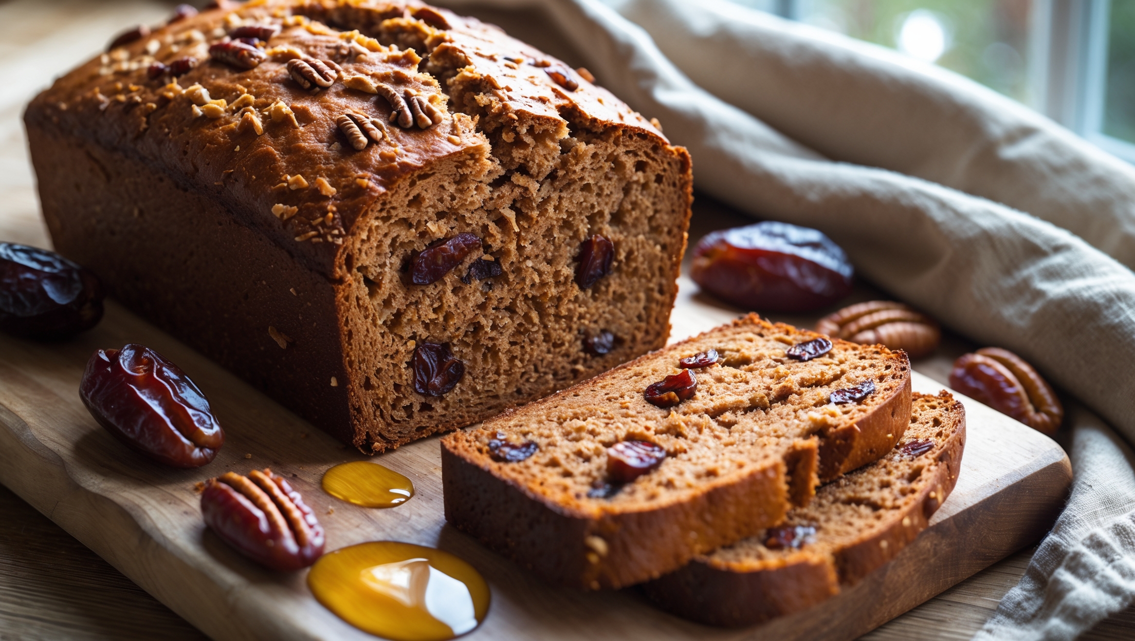 A rustic loaf of Date and Pecan Whole Wheat Bread photographed from slightly above, revealing its golden-brown crust with a few visible pecans peeking through the surface. A cross-section shot displays the bread's hearty crumb structure with vibrant pieces of chopped dates and toasted pecan chunks scattered throughout the rich amber-colored interior. Soft natural window light highlights the textural contrast between the dense, nutritious bread and its mix-ins. The loaf rests on a wooden board with a few whole dates and pecan halves arranged beside it, with a drizzle of honey catching the light, emphasizing the bread's natural sweetness. A linen napkin in earthy tones frames one corner, complementing the rustic, wholesome nature of this nutritious homemade bread.