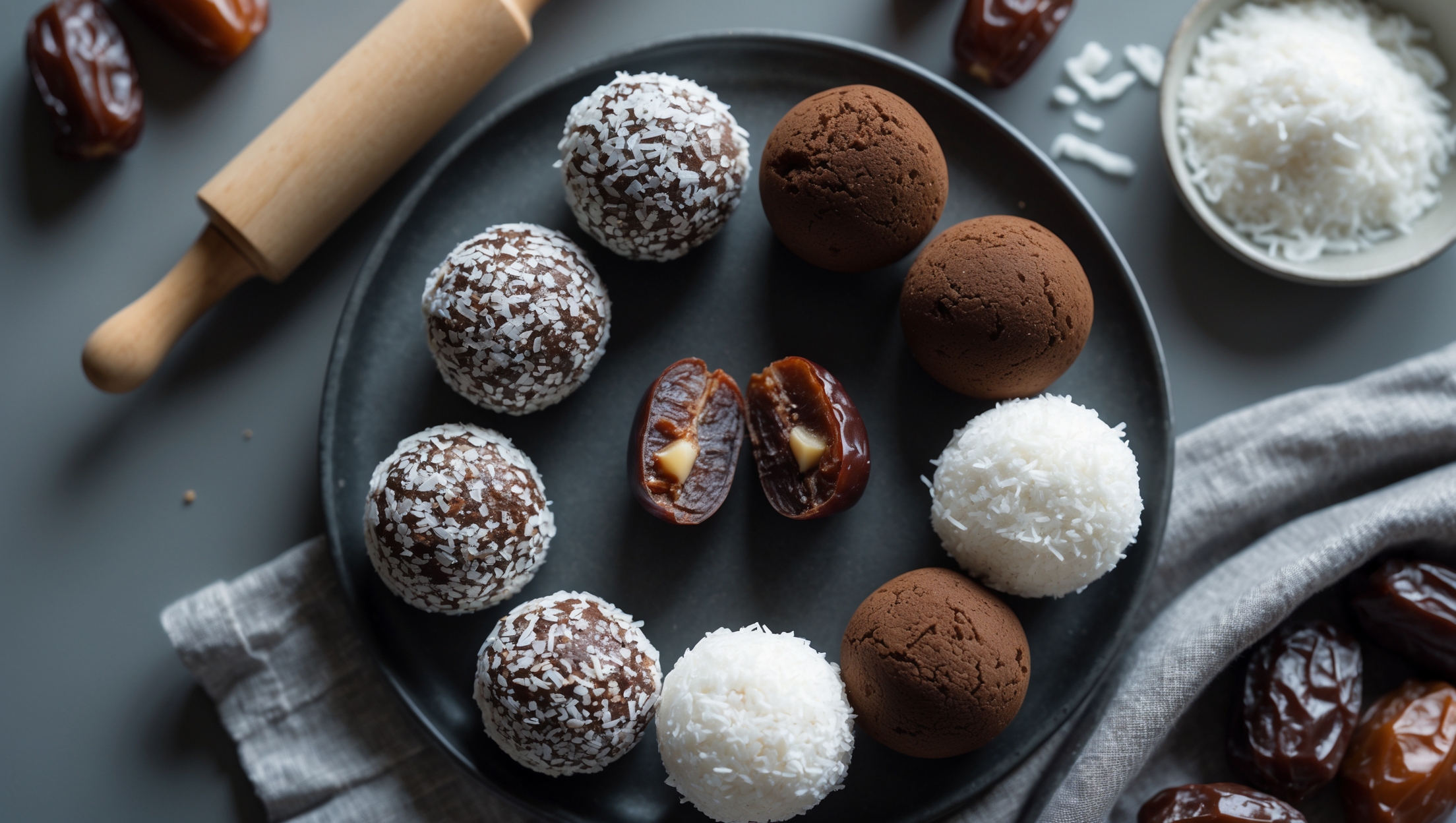An overhead shot of dark chocolate date balls arranged in concentric circles on a matte black ceramic plate, some rolled in snowy white desiccated coconut, others in rich cocoa powder. A cross-section of one ball reveals a moist, fudgy interior studded with tiny date pieces. Soft natural light highlights the contrast between the dark chocolatey centers and their textured coatings. A small glass bowl of extra coconut and a few whole Medjool dates sit alongside the plate on a gray linen cloth, with a wooden rolling pin slightly blurred in the background. The styling is minimalist and elegant, emphasizing the homemade, wholesome nature of these no-bake treats.