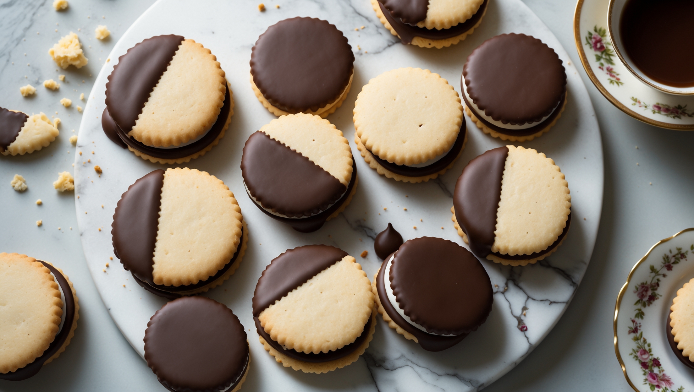 An overhead shot showcases a marble serving platter with neatly arranged sandwich cookies, some standing on edge to reveal their chocolate ganache filling. Half of each cookie is dipped in glossy tempered chocolate, creating a striking visual contrast against the pale golden shortbread. Shot in soft natural light, crumbs and chocolate drips artfully scattered around create an authentic baking scene. Close-up details highlight the smooth chocolate coating and the visible speckles of vanilla bean in the shortbread. A vintage teacup and saucer sit alongside, suggesting these cookies as the perfect accompaniment to afternoon tea.