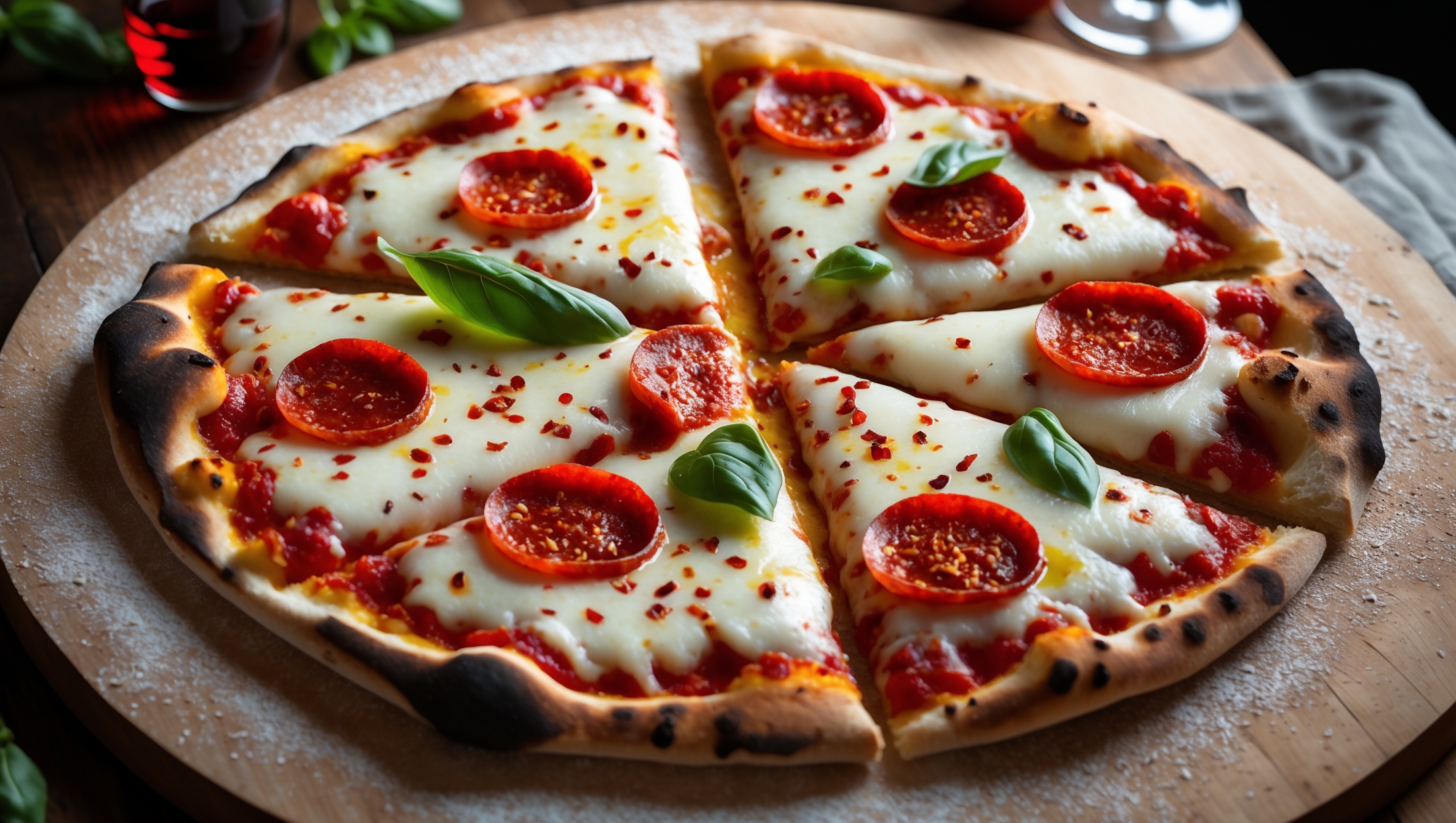 An overhead shot of a rustic Diavola pizza with perfectly charred edges on a crisp, thin crust. Vibrant red tomato sauce peeks through pools of melted mozzarella that stretches with each slice lifted. Circles of spicy salami curl slightly at the edges where they've crisped during baking, their deep red color intensified by the heat. Flecks of red chili flakes and fresh green basil leaves provide striking color contrast against the cheese. The pizza rests on a wooden peel dusted with semolina, with soft natural light highlighting the glistening olive oil drizzle and creating shadows that emphasize the pizza's texture. In the background, a glass of red wine and scattered fresh ingredients suggest a rustic Italian kitchen atmosphere.