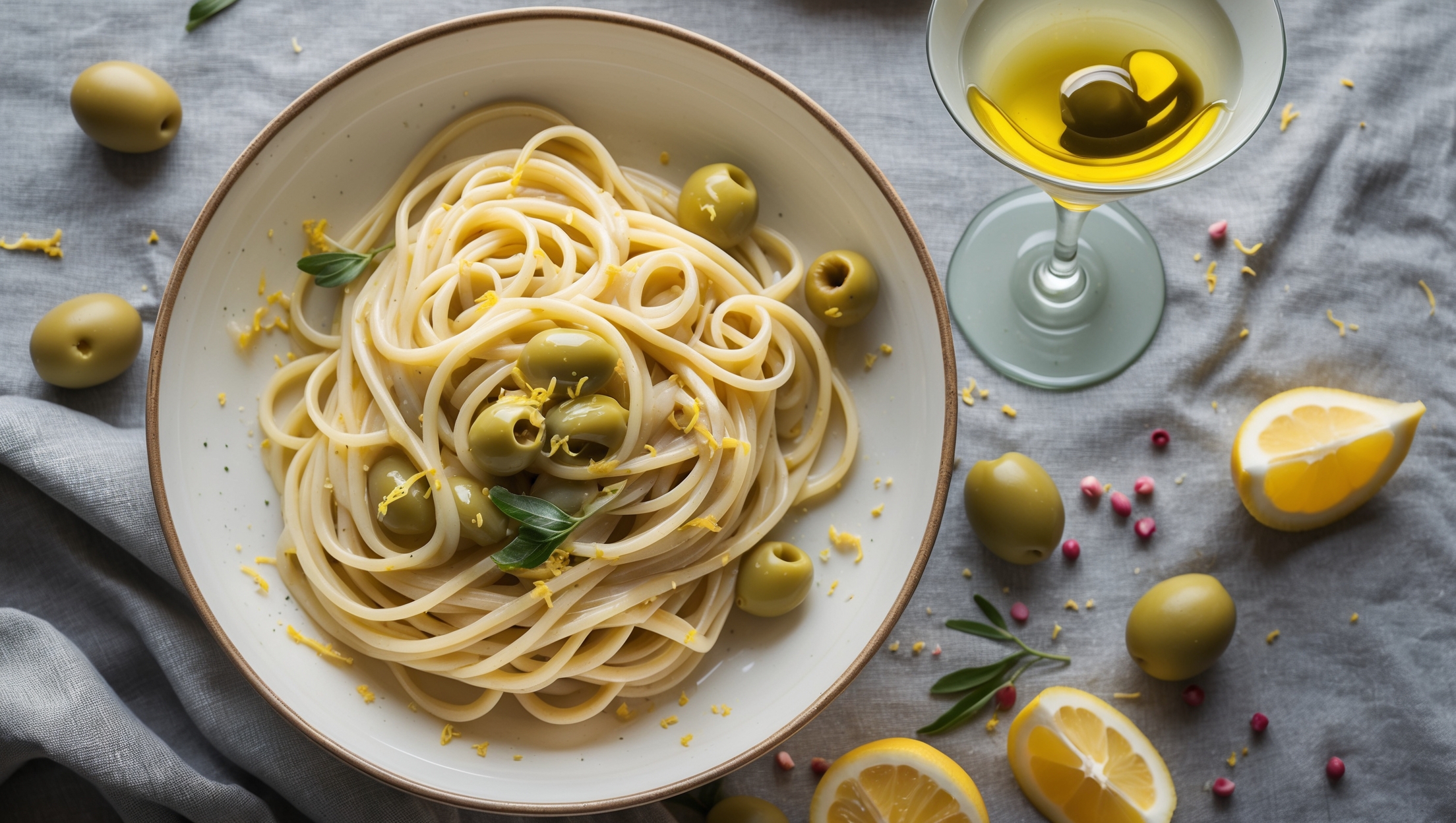 Overhead shot of al dente pasta coated in a silky, ivory-colored cream sauce speckled with vibrant green olives and tiny flecks of lemon zest. A gentle stream of golden olive oil drizzles across the dish, creating glistening pools that reflect the soft natural light. The pasta is artfully twirled in a wide-rimmed white bowl, with a martini glass containing an olive-garnished cocktail positioned alongside. Scattered around the composition are whole green olives, lemon wedges, and a small dish of pink peppercorns, creating a harmonious color palette of creams, greens, and citrus yellows against a textured gray linen.