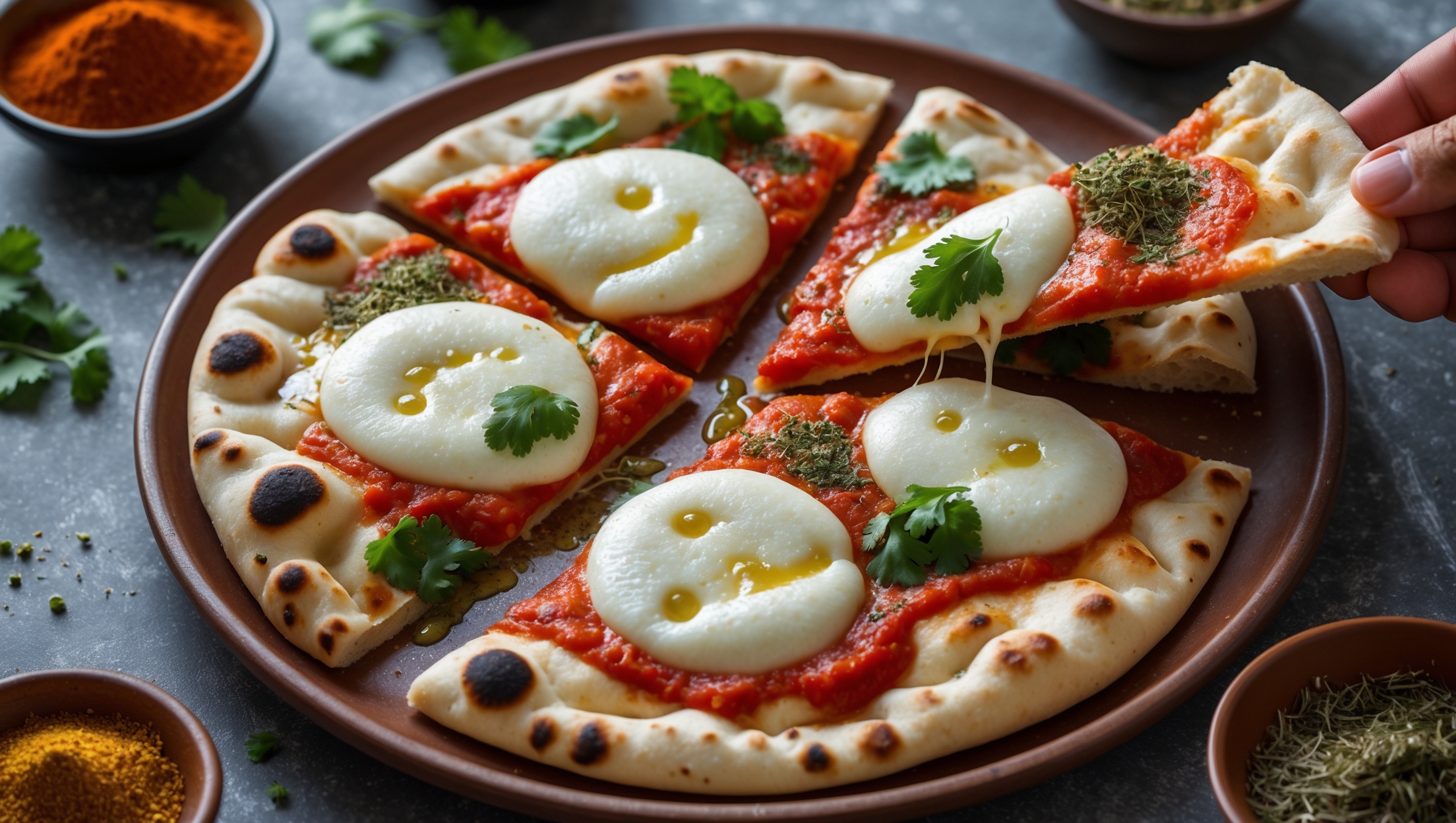 An overhead shot of a golden-brown naan-based Desi Margherita on a rustic clay plate, with melted mozzarella cheese slightly browned and bubbling. The vibrant red spiced tomato sauce peeks through, while fresh green cilantro and fragrant kasuri methi are scattered across the top, creating a striking color contrast. A drizzle of ghee glistens in the warm natural light, and the edges show delicate char marks from the hot oven. In the background, small bowls of colorful Indian spices and a slice being pulled away reveals the stretchy cheese pull against the chewy, tandoor-inspired crust.